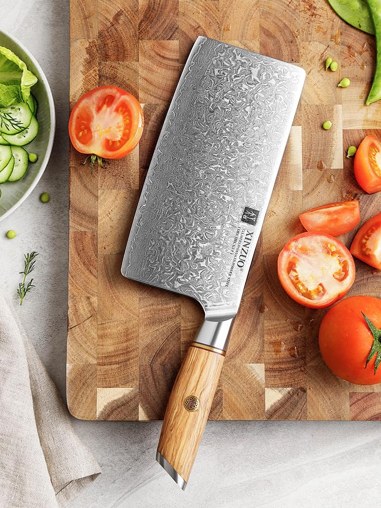 XINZUO Cleaver Knife 7.5 Inch, 73 Layer Damascus Steel Powder Steel Core Chinese Chef's Knife, Multifunction Vegetable Meat Slicing Knife with Olive Wood Handle -Lan Series — Amazon image 7