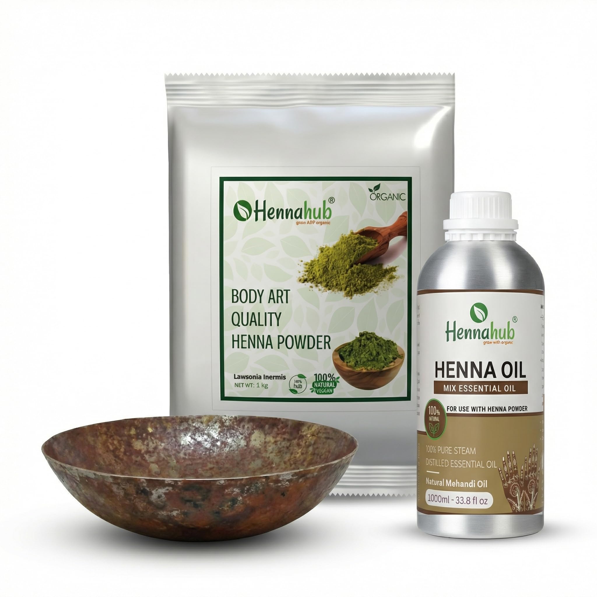 Hennahub Body Art Quality Henna Powder 1kg with Henna Oil 1 Litre Combo | Natural Mehandi Powder for Hands, Feet & Bridal Designs | Free Iron Bowl-image-26
