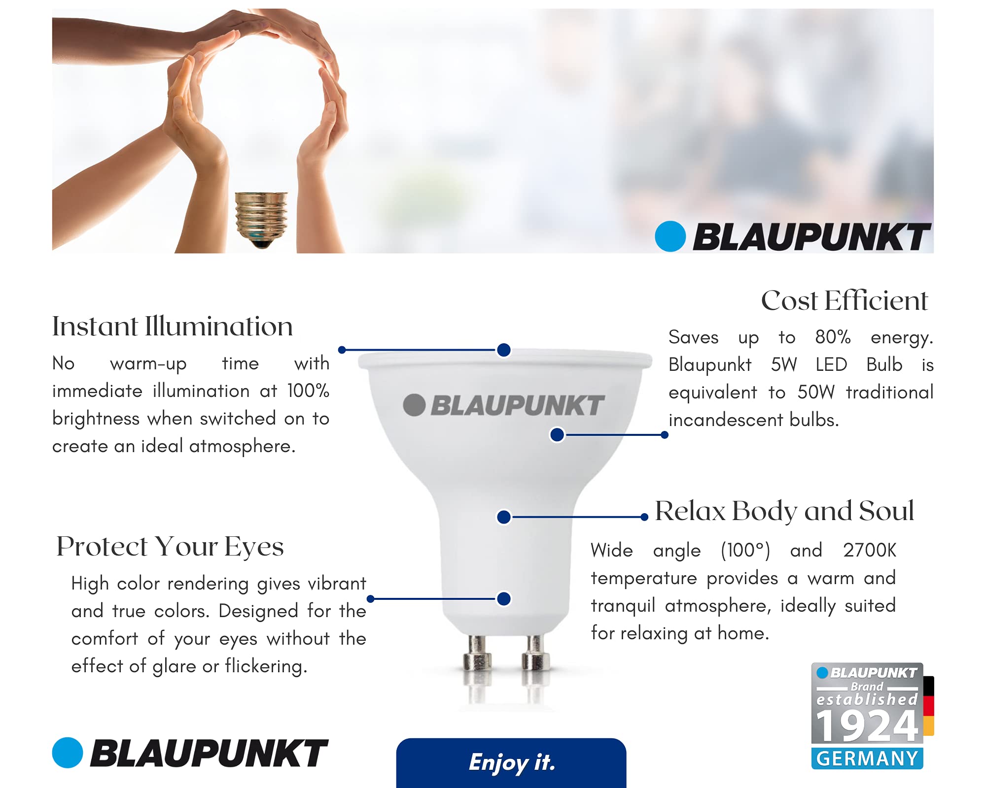BLAUPUNKT LED GU10 Birne – Strahler – Reflektor – Tageslichtbeleuchtung – 5W – Ersatz für 50W – Naturweiß 4000K – Led Lampen – 475 Lumen – Energie- und Kostensparendes Licht – Spotlight – 10-er Pack