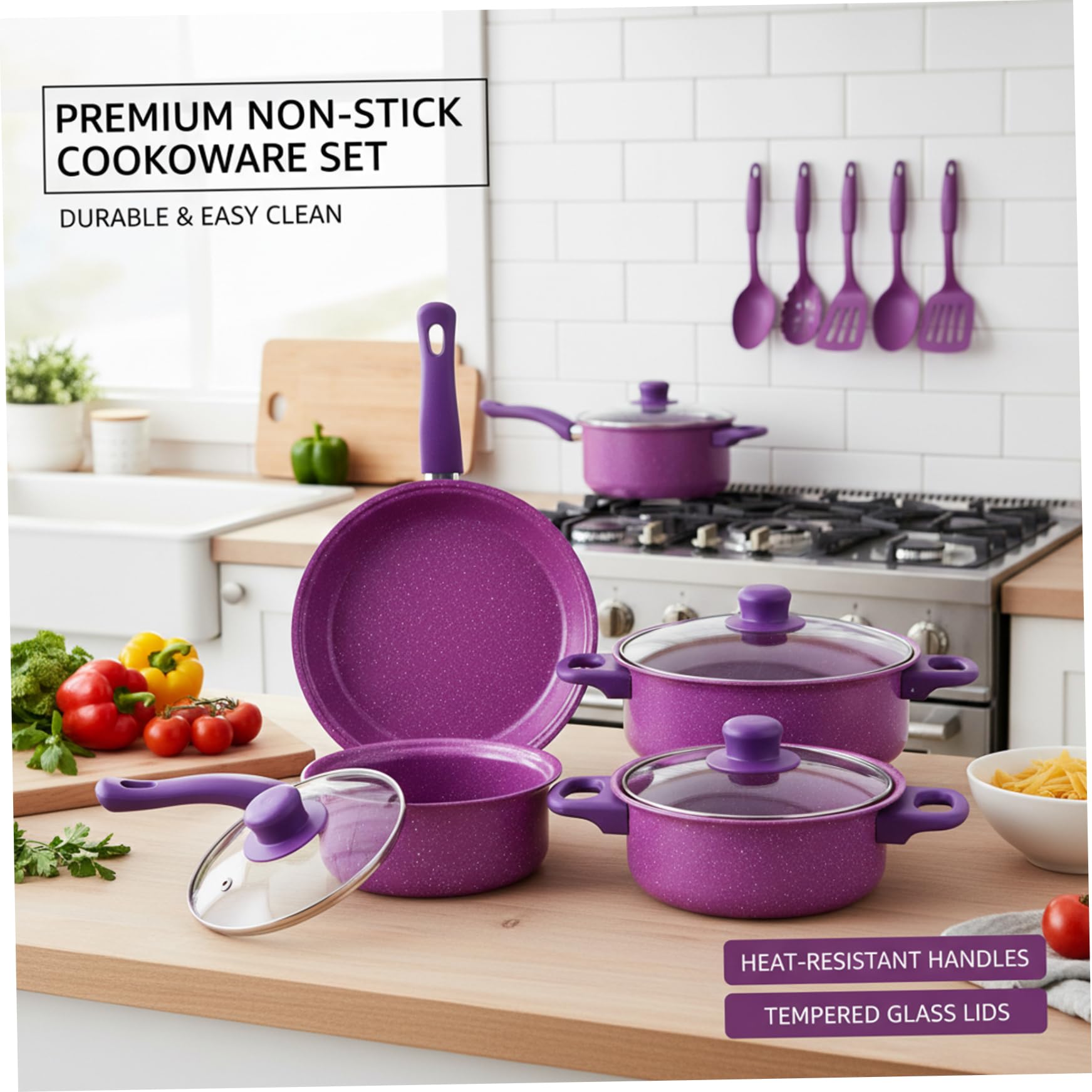 Set Di Pentole Antiaderenti, Set Di Pentole Antiaderenti Da 13 Pezzi, E Padelle Con Padella, Pentola Per Il Latte E Utensili Per La Cucina Casalinga, Viola..