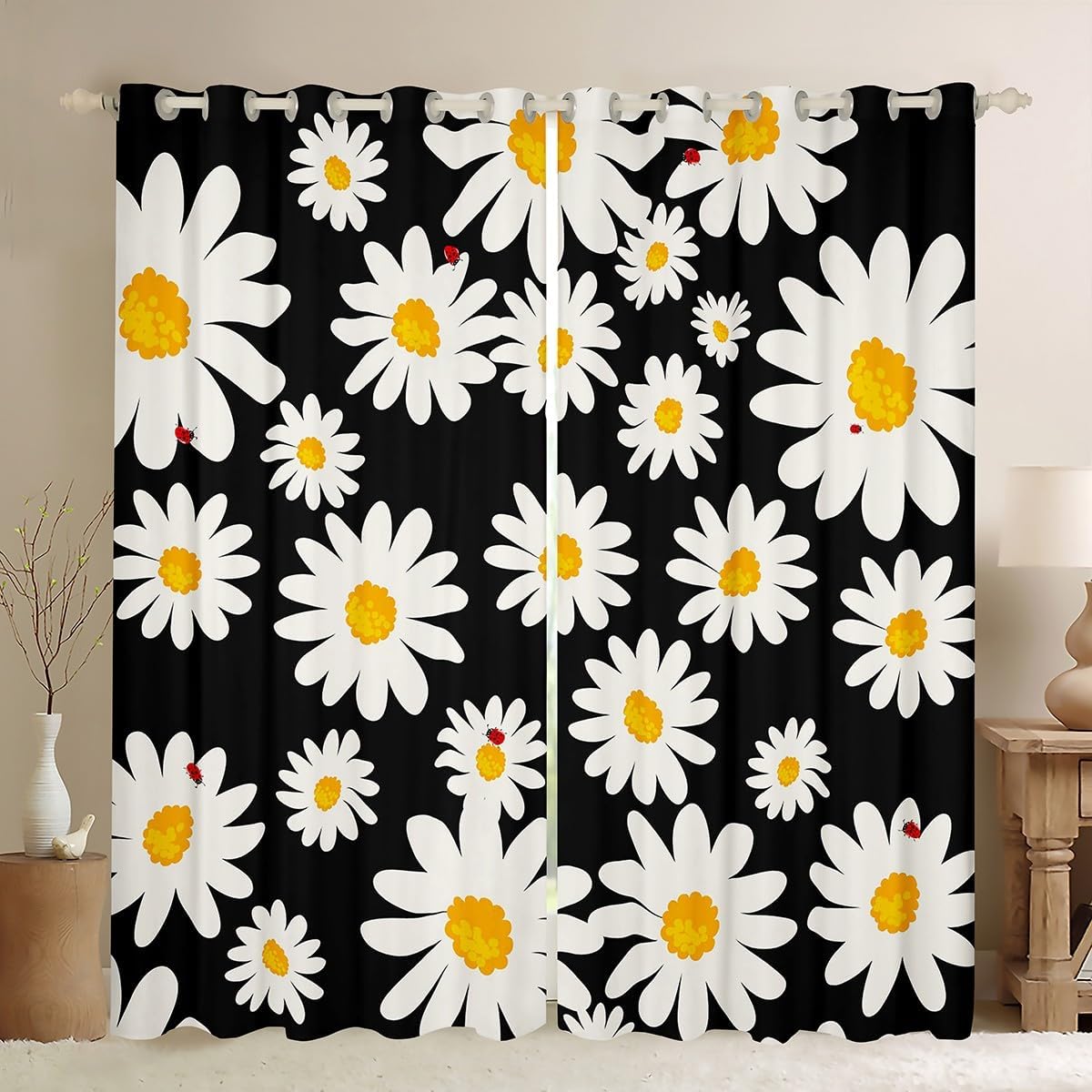 3D Daisy 84"X90" Curtains Boho Floral Blackout Curtains,Romantic Garden Flowers Curtains & Drapes Trippy Rustic Daisy Backpack Window Curtains for Boys Princess Girls Daisy Decor,Black