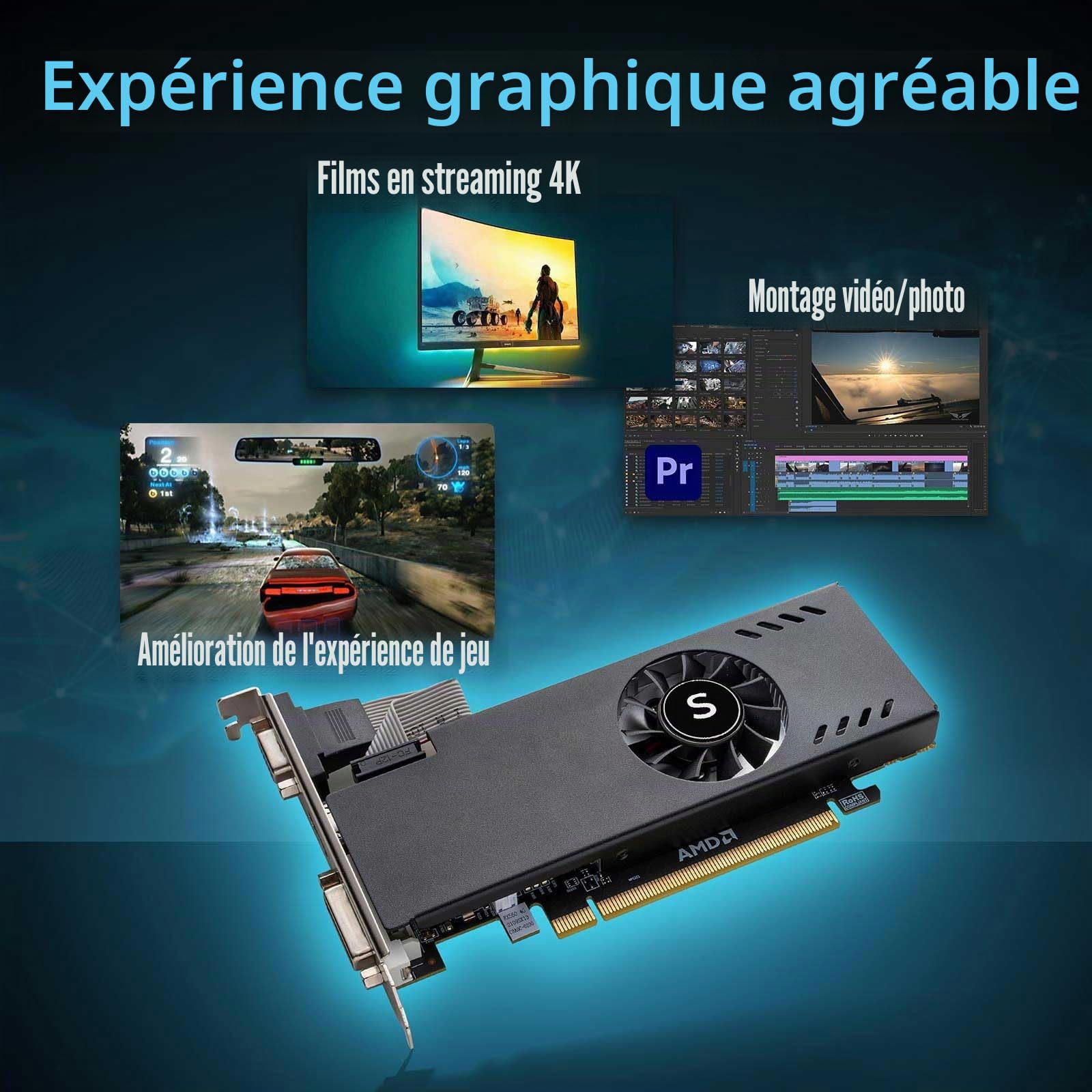 Radeon RX 550 Low Profile Carte Graphique, 4 Go GDDR5 128-bit, VGA DVI-D HDMI, PC Video Card, Affichage 4K, DirectX 12