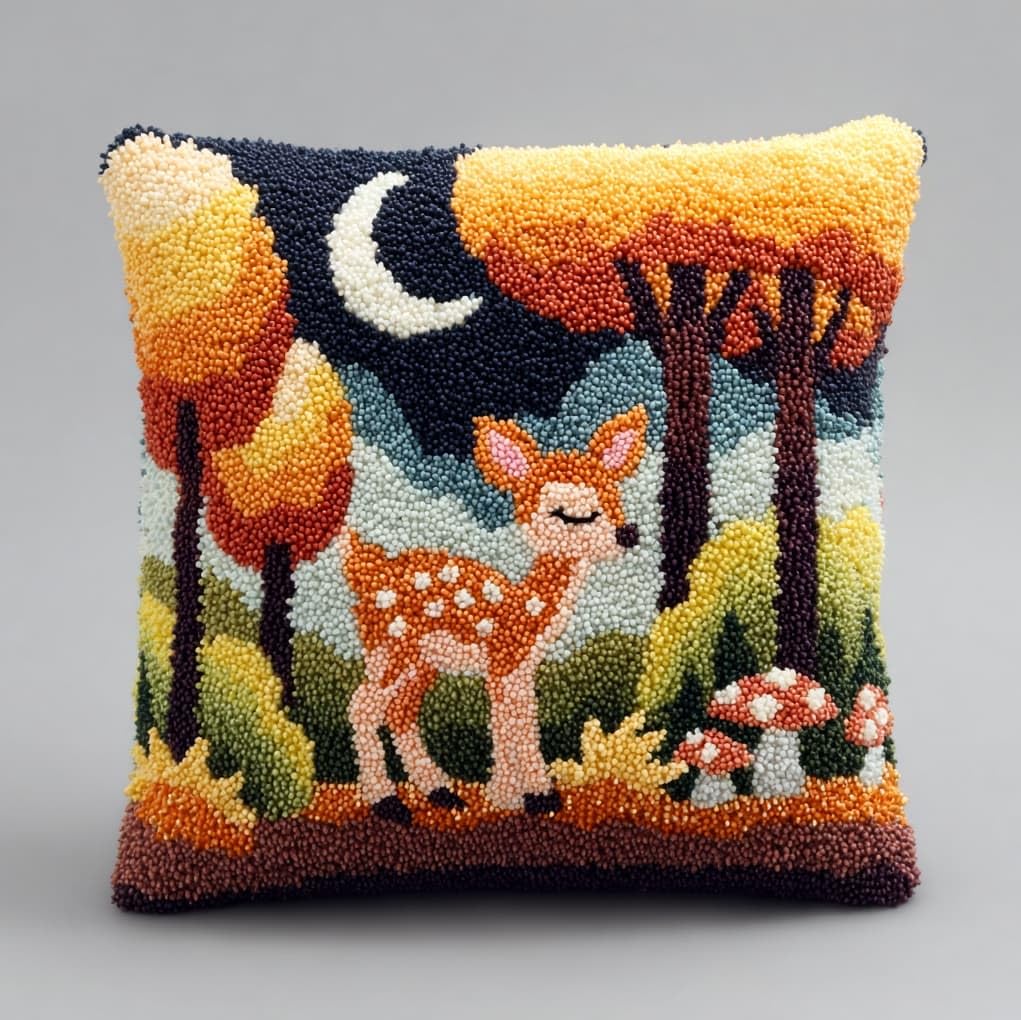 WallustrioaW Latch Hook Pillow Kits Pillow Cover,Deer in the Forest,Pattern Printed Cross Stich Hooking Pillowcase Cushion Crafts Embroidery Home Decor Kits,17x17in