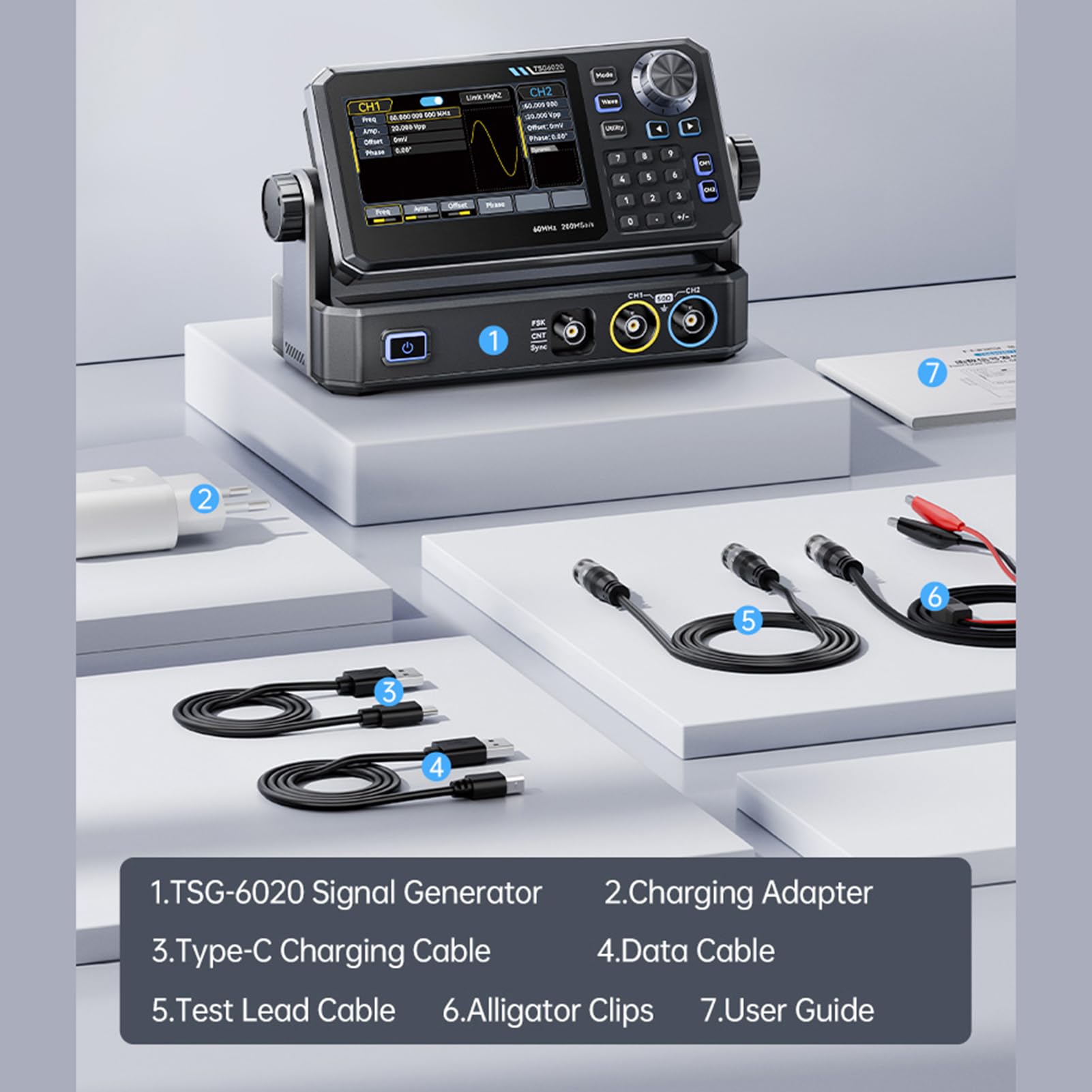 Akozon Generator Sygnału Funkcja Podwójnego Kanału 60 MHz Generator Przebiegów Arbitralnych AM FM Modulacja PM dla Profesjonalistów Testujących 4,3-calowy (Wyjście sygnału 60M Wtyczka UE 220-240 V)