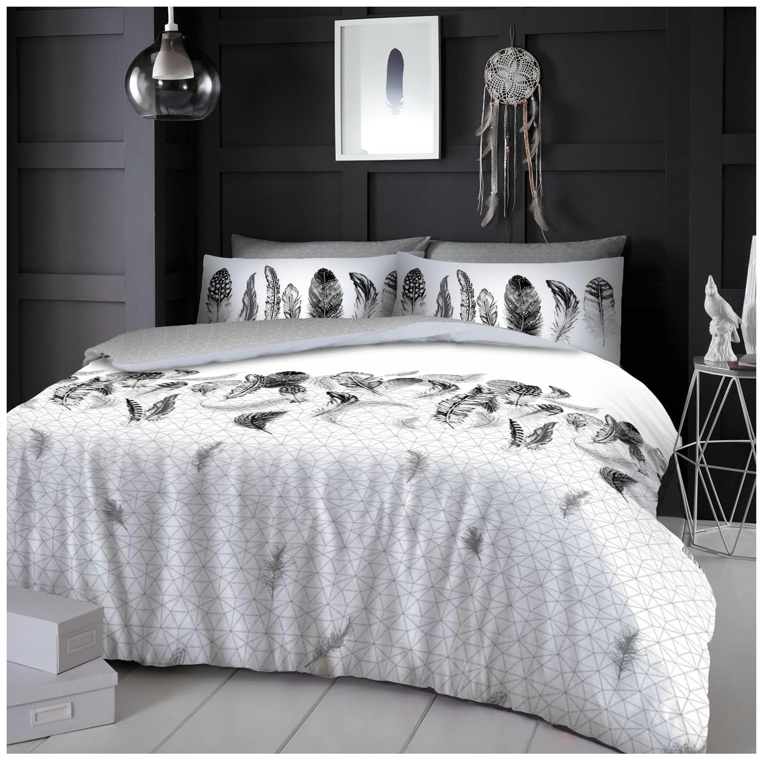 Gc Gaveno Cavailia White Luxurious Feather Super Kingsize Duvet Cover Sets, Easycare Geometric Bedding Set, Reversible Diamond Quilt Sets