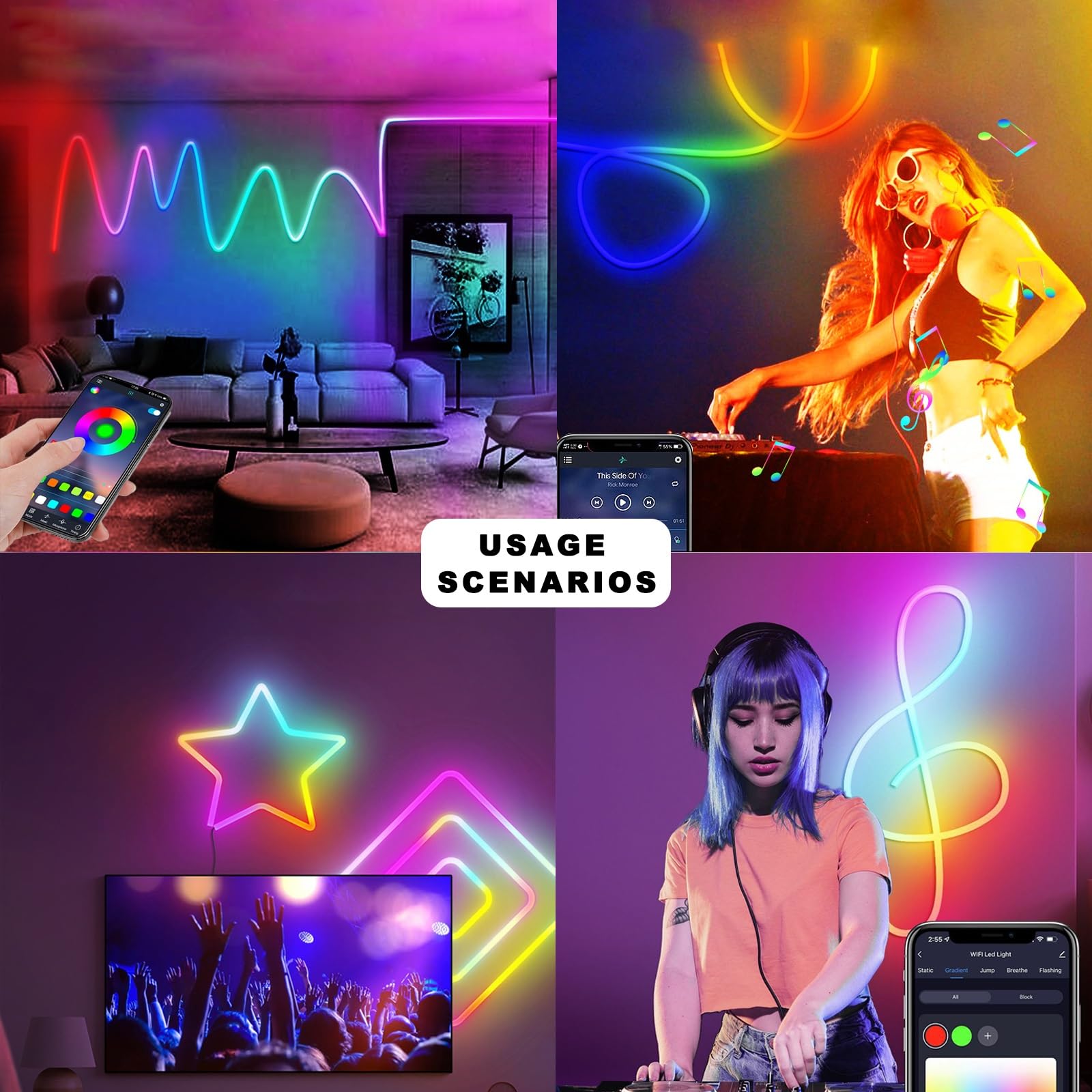 DIY Led Luces para TV, tiras de luz led inteligente, USB fuente de alimentación, conecte wifi para ajustar el color en sincronía con la música, adecuado para el dormitorio, cocina, TV, fiesta