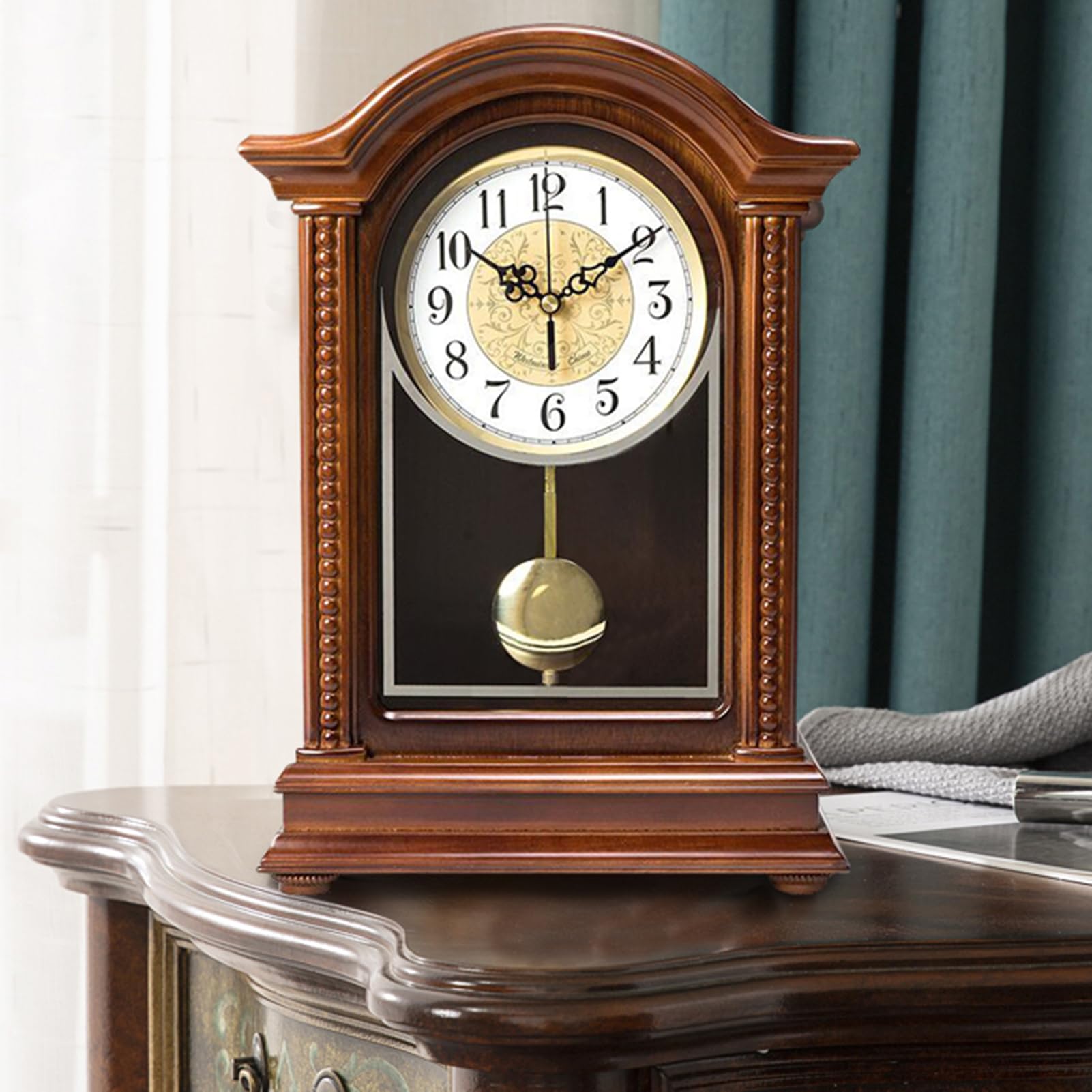 Reloj de péndulo de madera con campanillas – Reloj de mesa mecánico para decoración del hogar, sala de estar u oficina – Campana cada hora, diseño clásico