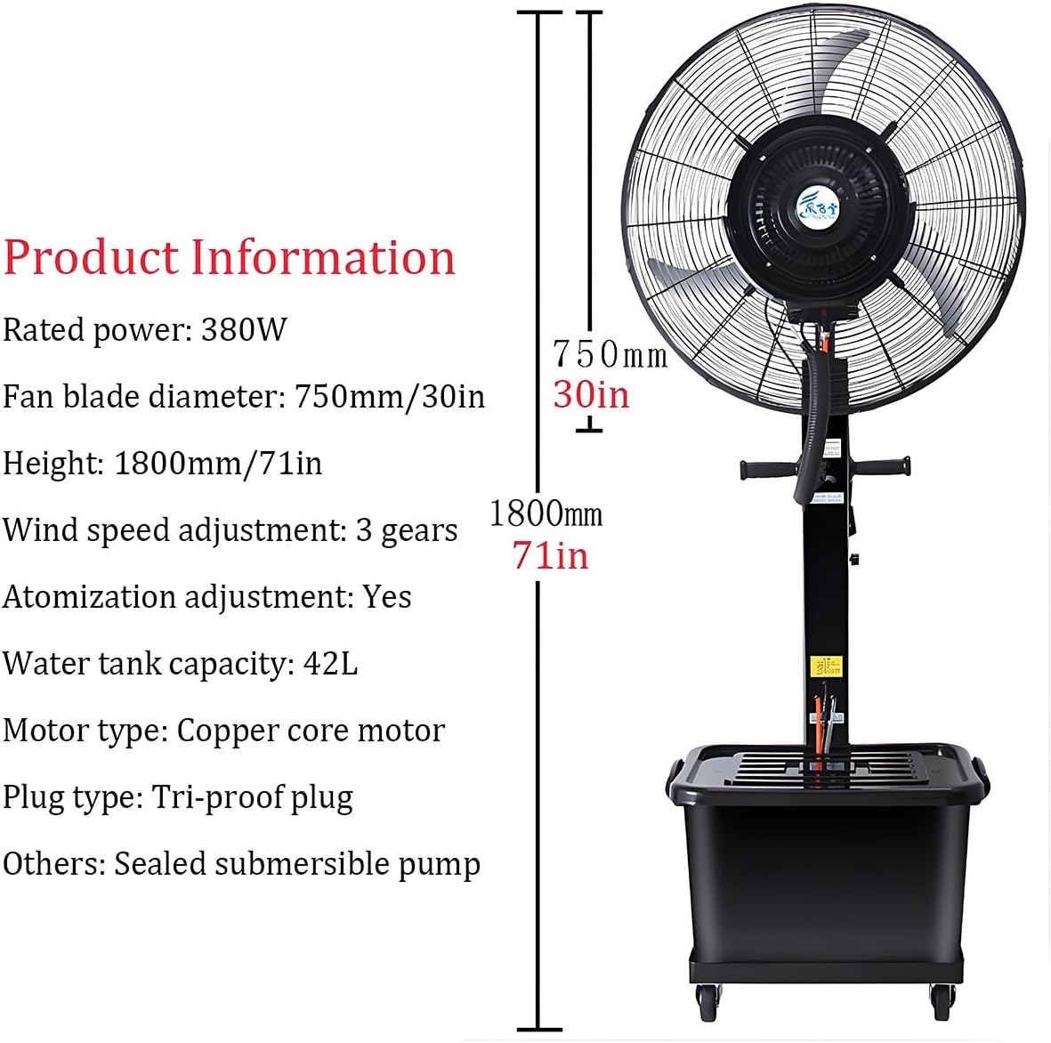 26/30 Inch Pedestal Oscillating Misting Fans, Outdoor High Velocity Cooling Standing Fans with 42L/11 Gallon Water Tank, Standing Cooling Spray Fan for Summer Heat Relief(650mm/26in)