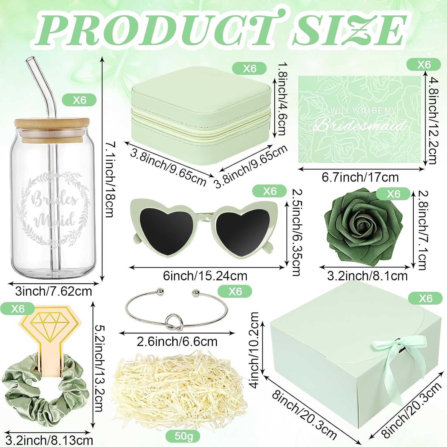 Bridesmaid Proposal Gifts Set 6 - Will You Be My Bridesmaid Kit with Elegant Box Jewelry Box Glass Cup Invited Cards Knotted Bracelets Sunglasses Scrunchies Raffia Grass
