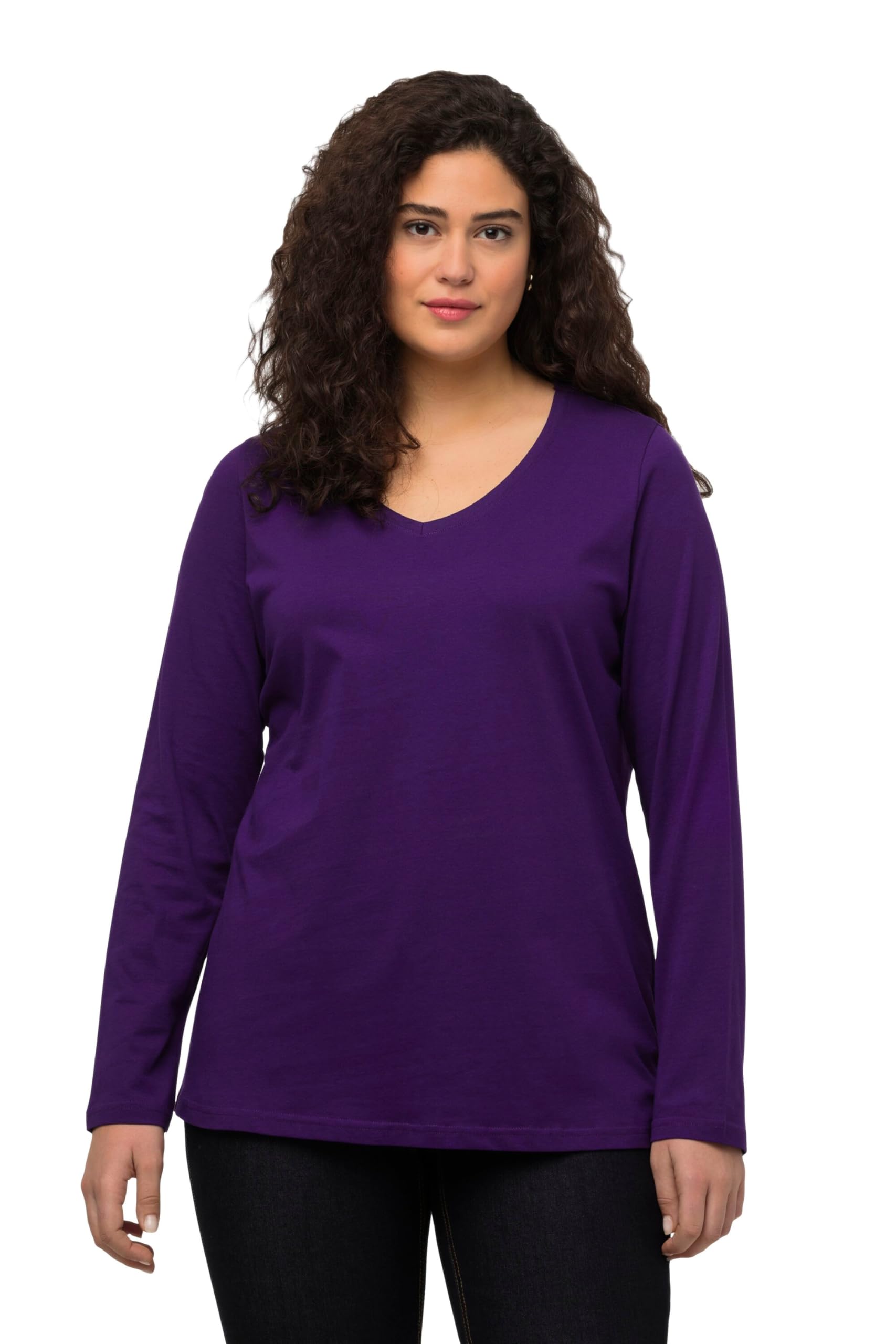 Ulla Popken Langarm-V-Shirt Long Sleeve Top, Deep Purple