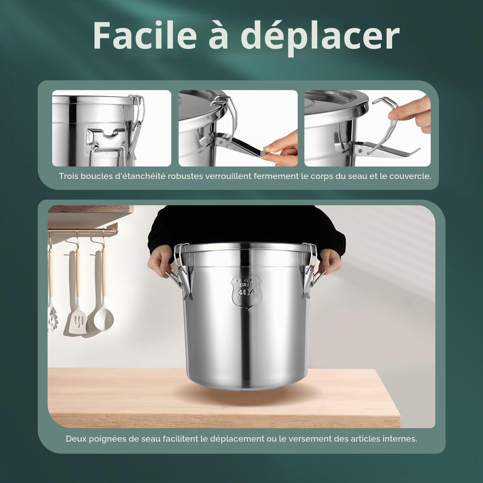 Seau hermétique en acier inoxydable Récipient à farine Stockage aliments cuisine Boîtes conservation riz, farine, céréales - 6 L/12 L/21 L/33 L