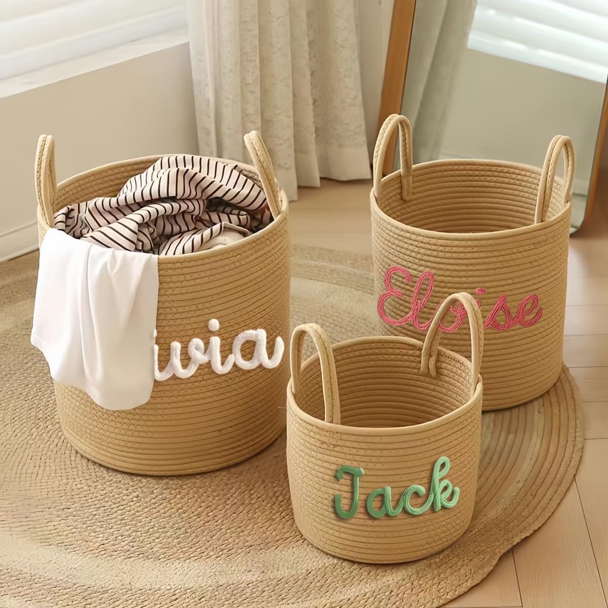 Panier À Linge Personnalisé Avec Nom, Grand Panier En Corde De Coton Tissé Pour Chambre À Coucher, Comme Poubelle À Vêtements Sales Et Organisateur De Rangement Polyvalent Pour Jouets(Brown,L)