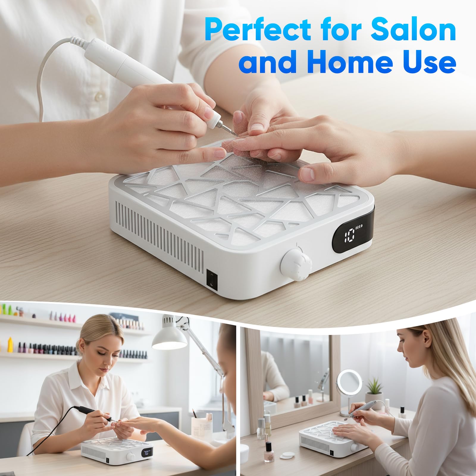 Aspirador de polvo para uñas, 6000 RPM, compacto aspirador de uñas profesional con filtro, herramientas y accesorios, potente aspirador de uñas para manicura pedicura, salón de uñas personal (blanco)