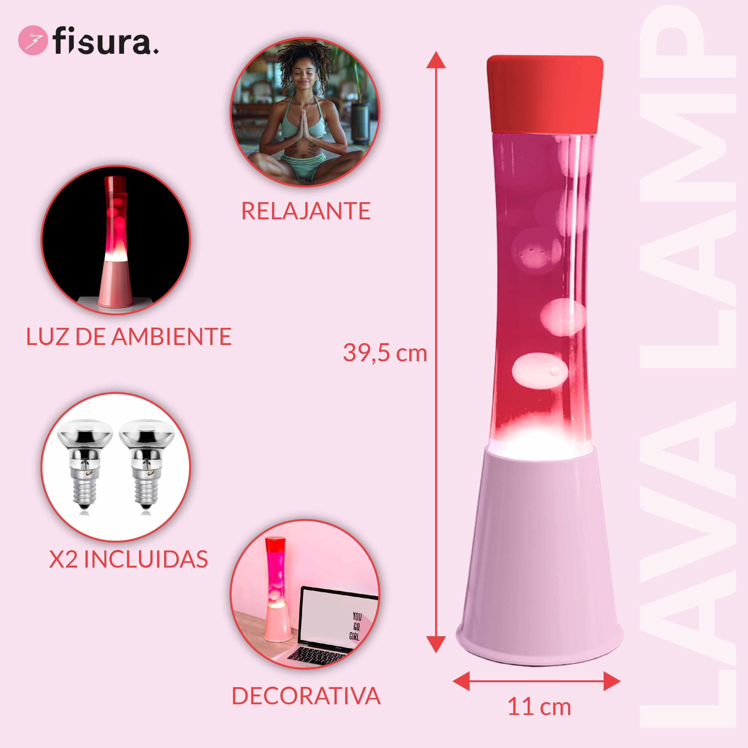 Fisura - Lámpara de lava rosa. Base rosa, líquido, lava transparente y tapa. Lámpara efecto relajante. Con bombilla de repuesto. 11 cm x 11cm x 39,5 cm.