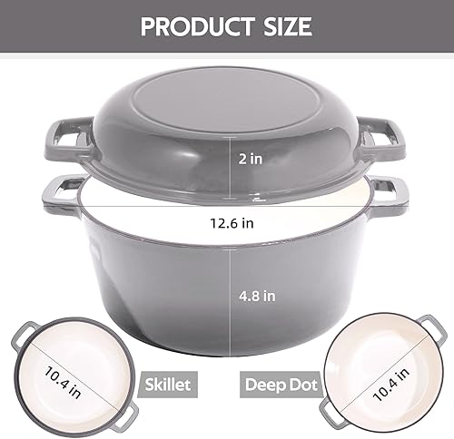 Miniatura 3 de Olla de horno holandés de hierro fundido esmaltado 2 en 1, 6 cuartos de galón con tapa de 2 cuartos de galón, asas dobles grandes, apta para horno