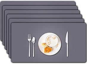 Placemats, Leather Placemats Set of 6, Heat Resistant Table Mats, Non-Slip Stain Resistant Kitchen Table Place Mats, PU Dining Place Mats for Indoor & Outdoor, Waterproof Wipeable Dark Gray