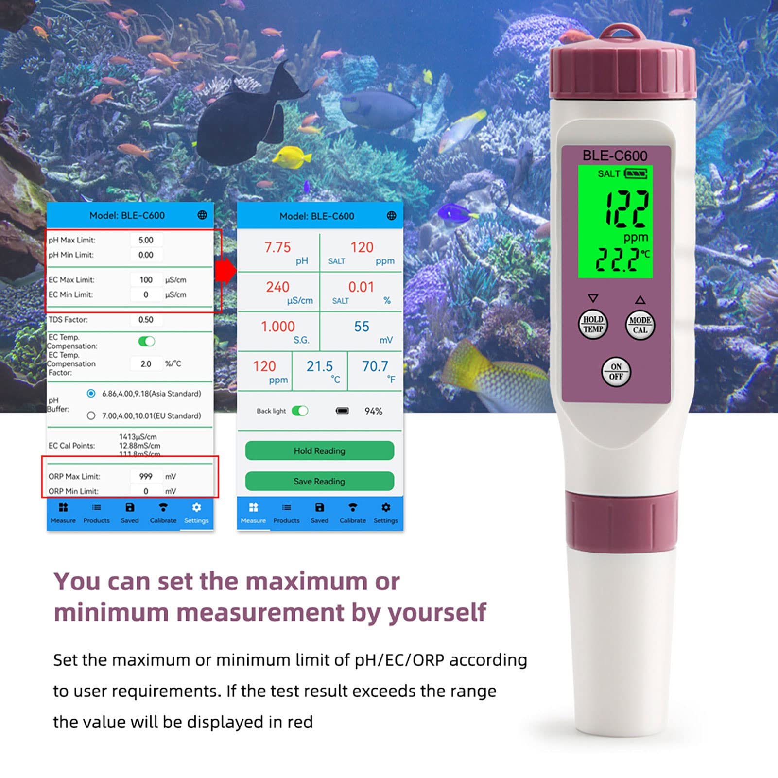 Inteligentny Tester Jakości Wody 7 w 1, Miernik Jakości Wody Bluetooth o Wysokiej Dokładności 0,01 Pióro LCD, PH TDS EC ORP SG Miernik Temperatury Zasolenia do Testu Czystości
