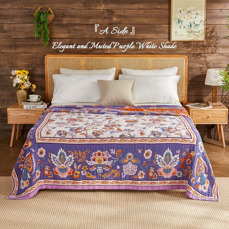 Image of Boho Throw Blanket Cotton Muslin Woven Flower Decorative Blankets 80 inchx90 inch