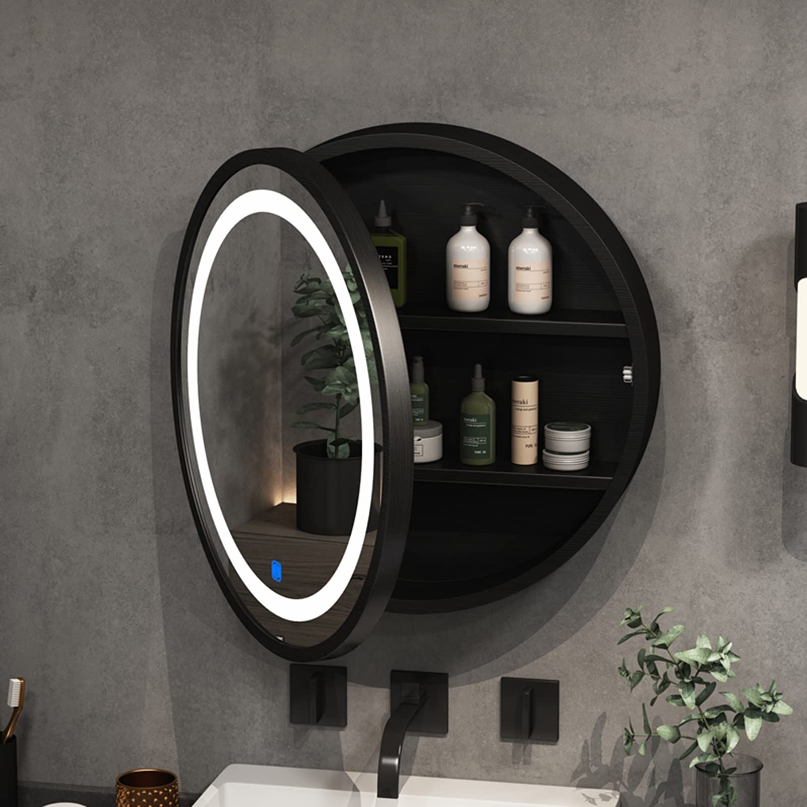 Lustro łazienkowe LED, Szafka ścienna do łazienki, szafka LED, wbudowana z lustrem i oświetleniem, lustro kosmetyczne ze schowkiem(Black,50cm)