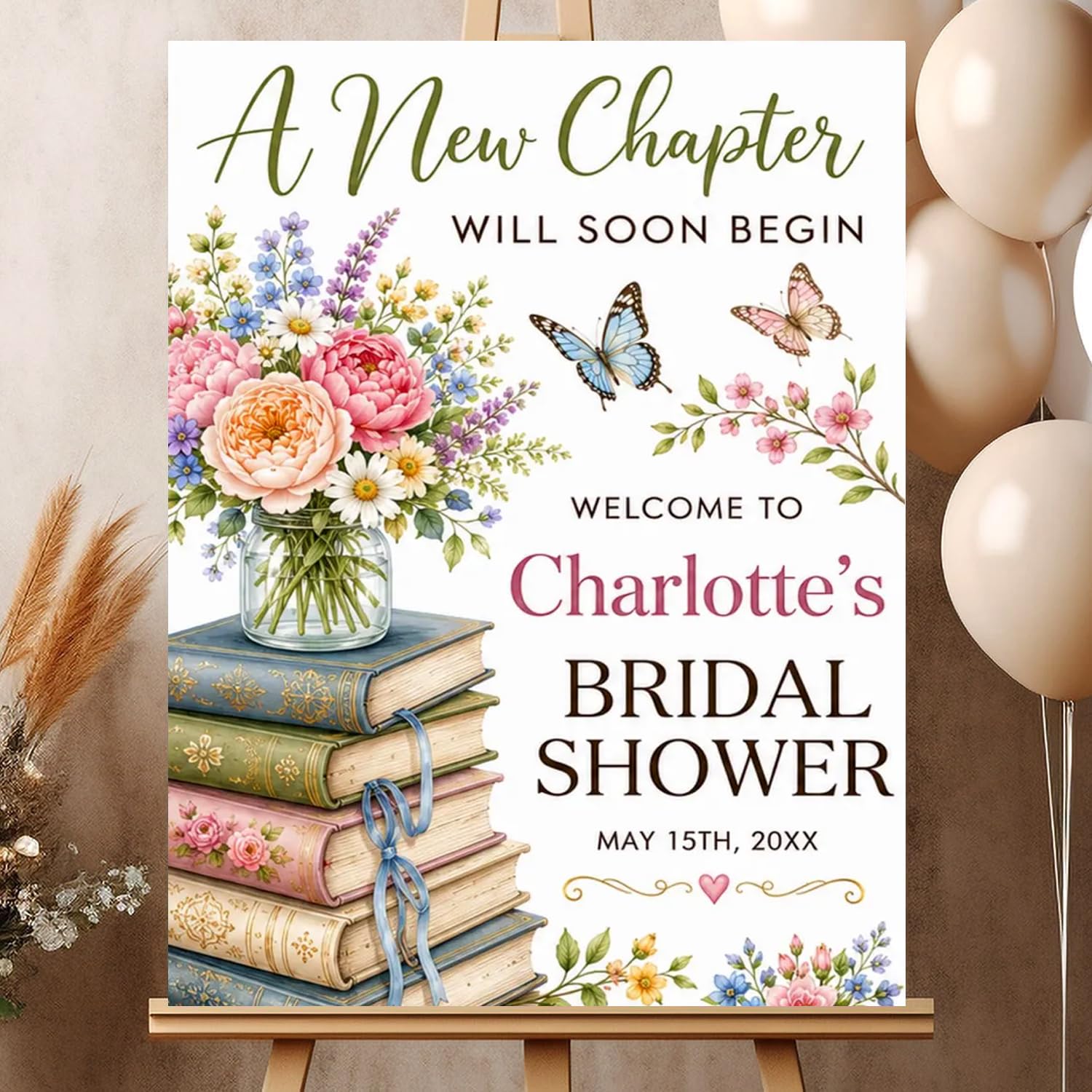 Floral Book Bridal Shower Signs, A New Chapter Bridal Shower Welcome Sign, Welcome to Bridal Shower Sign, Personalized Bridal Shower Signs #g14 Version #14