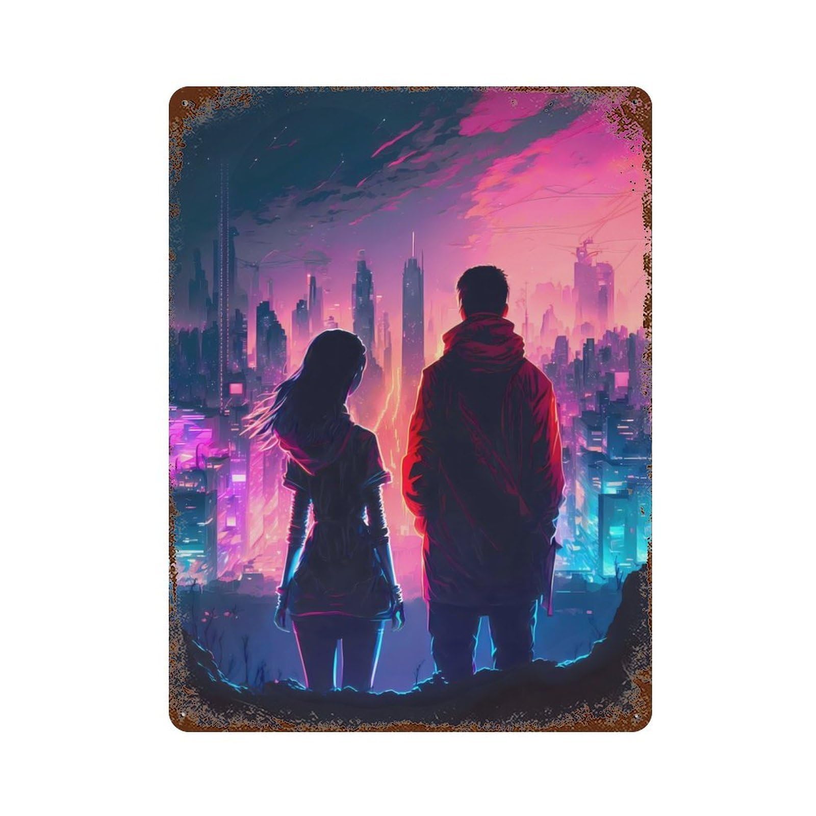 Future Couple Cityscape Rusty Metal Tin Sign 15.7"x11.8", Classic Wall Plaque for Pub, Kitchen And Man Cave Decor