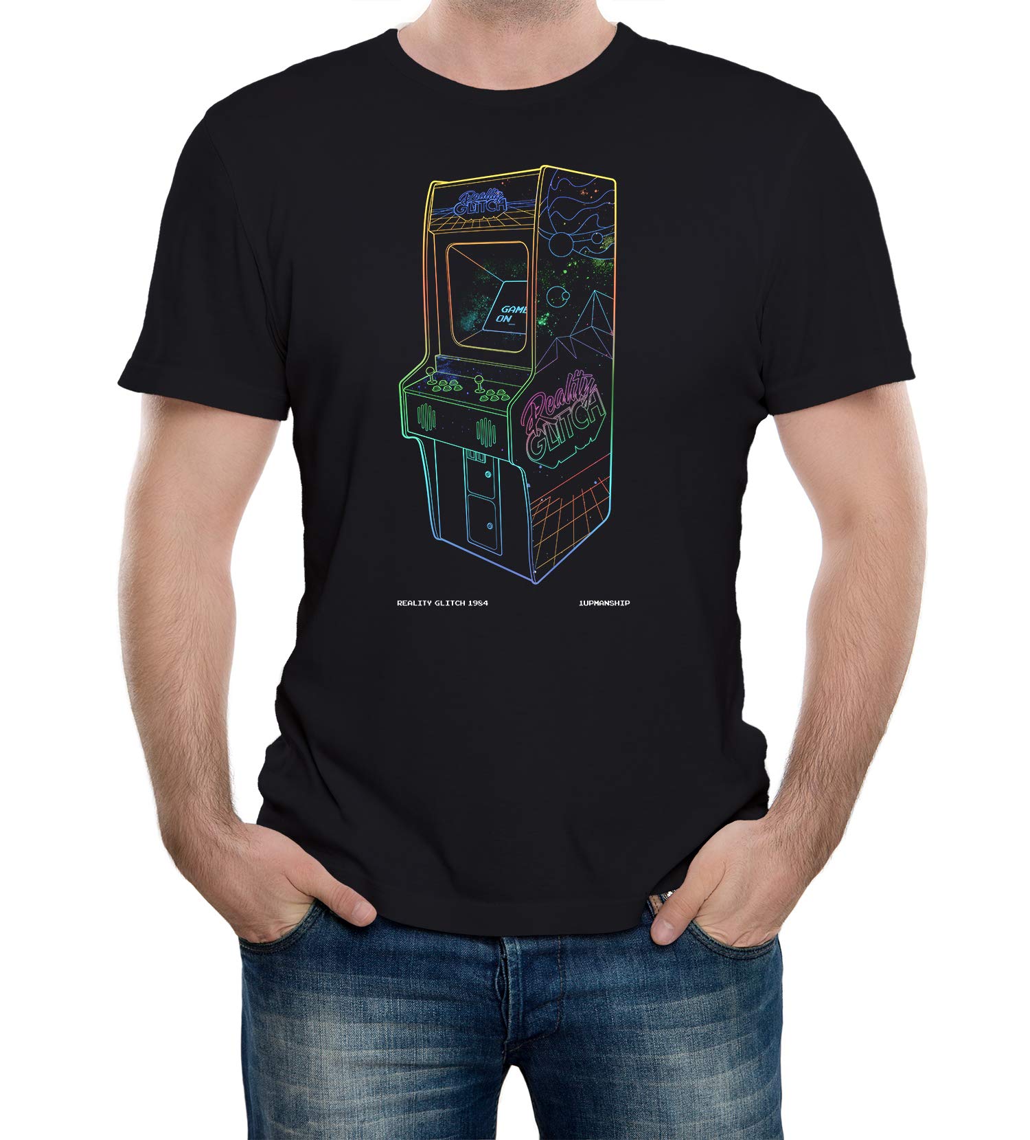 Reality Glitch Men's Black 1 Up Neon Retro Arcade T-Shirt