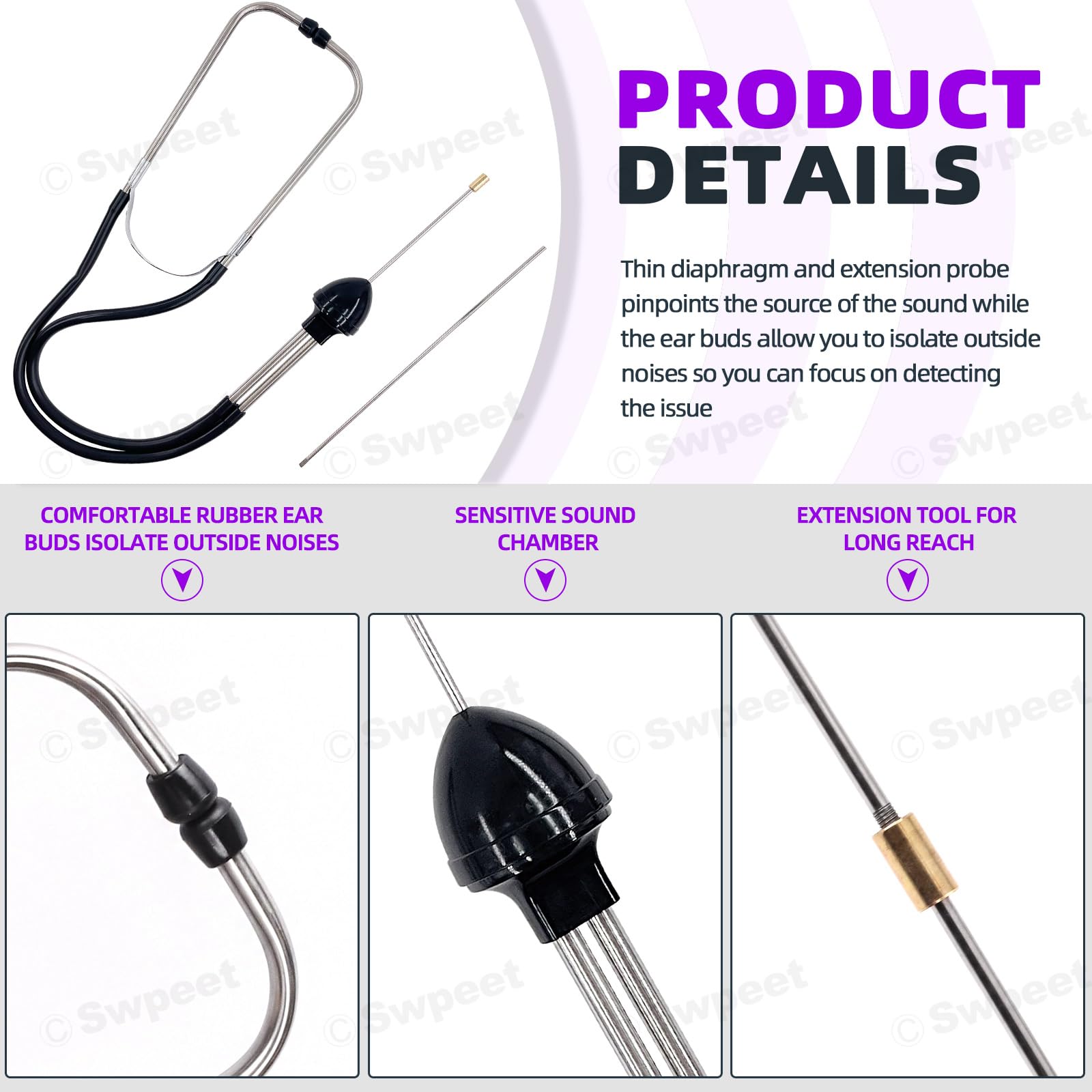 Swpeet 2Pcs Automotive Acciaio Inox Cilindro Meccanico Stetoscopio Motore Kit include Gomma Buds Sonda Tubo, Strumento Diagnostico per Auto, Camion e Moto, Motore Tester (Nero)