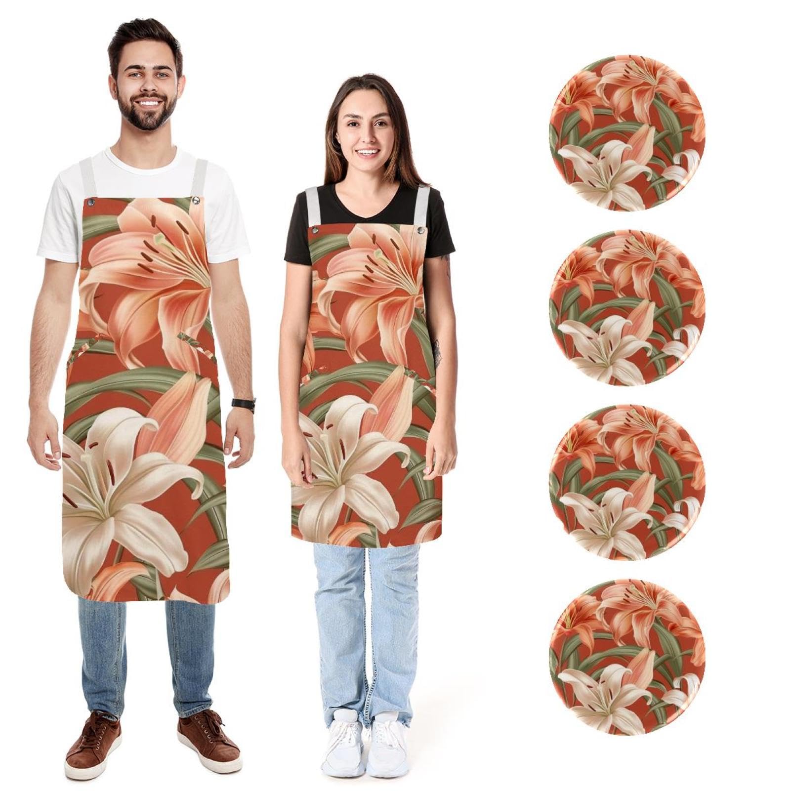 Lot de 2 tabliers de cuisine avec badge rond, motif floral, lys, saumon, résistant à l'eau avec 2 poches, tabliers de cuisine pour homme et femme, Art Florals Lilies Saumon,