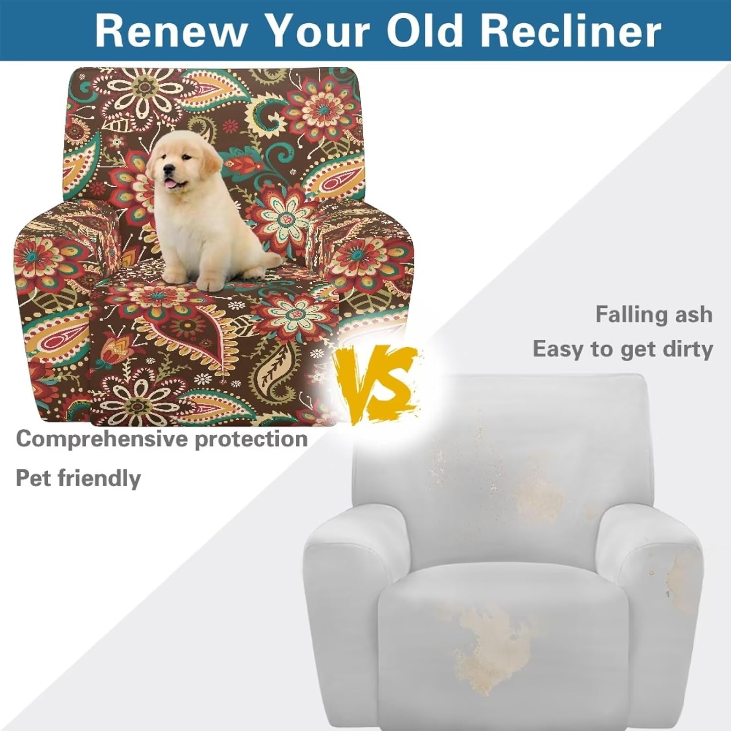 Xoenoiee Bohemian Mandala Paisley Flower 4 Piece Recliner Chair Cover Stretch Lazy Boy Chair Covers with Pockets Soft Reclining Sofa Slipcovers Furniture Protector with Elastic Bottom