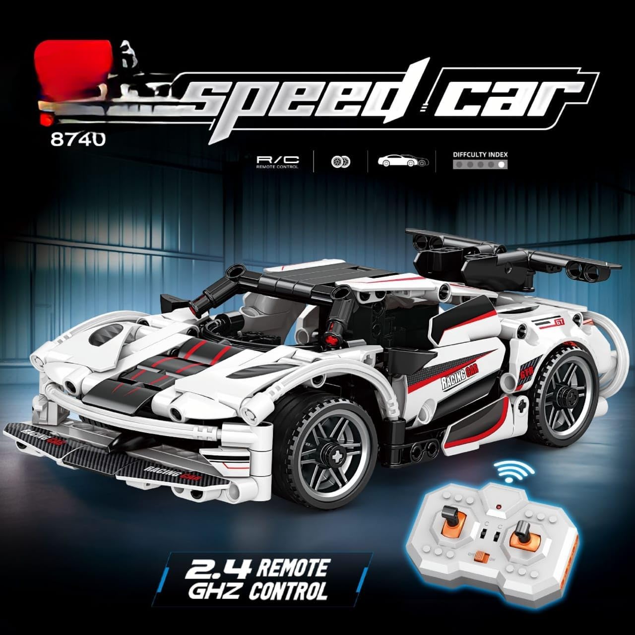 Generic Racing Car Model 8740 with its 2.4 GHz remote control, illustrating the interactive play feature.