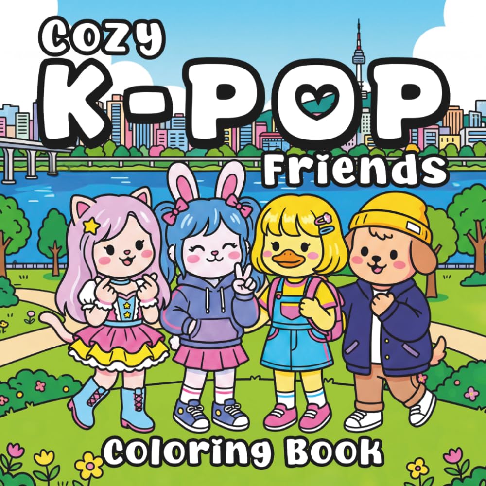 Cozy K-Pop Friends Coloring Book: A Bold and Easy Kawaii Idol Adventure with Cute Animal Mascots, Simple Thick Lines, and Relaxing Korean Aesthetic Scenes.