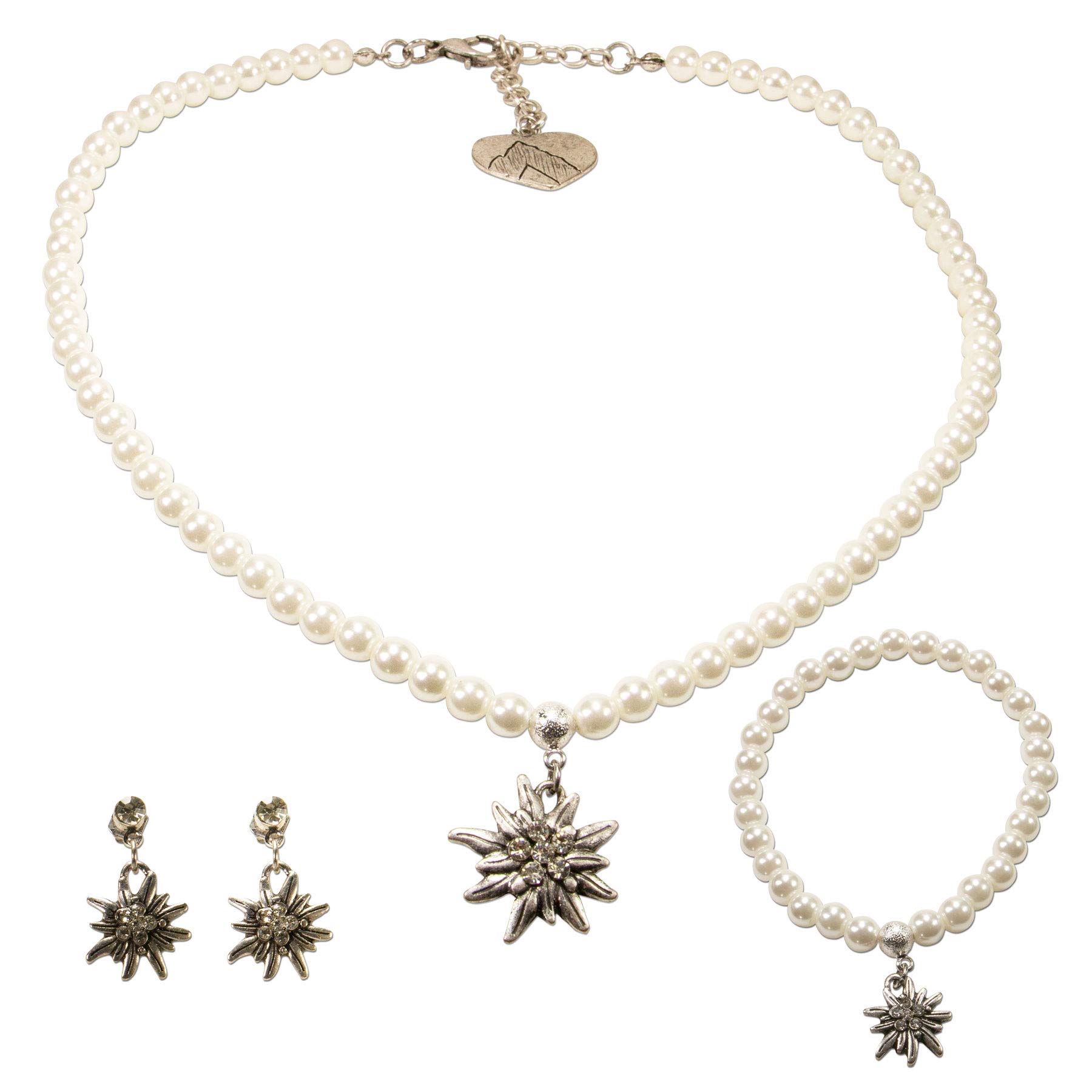 Alpenflüstern Trachtenschmuck-Set Perlen-Trachtenkette, Trachten-Armband und Trachten-Ohrhänger Strass-Edelweiss - Damen-Trachten-Schmuck, Trachtenset Kette, Armkette und Ohrringe SET038