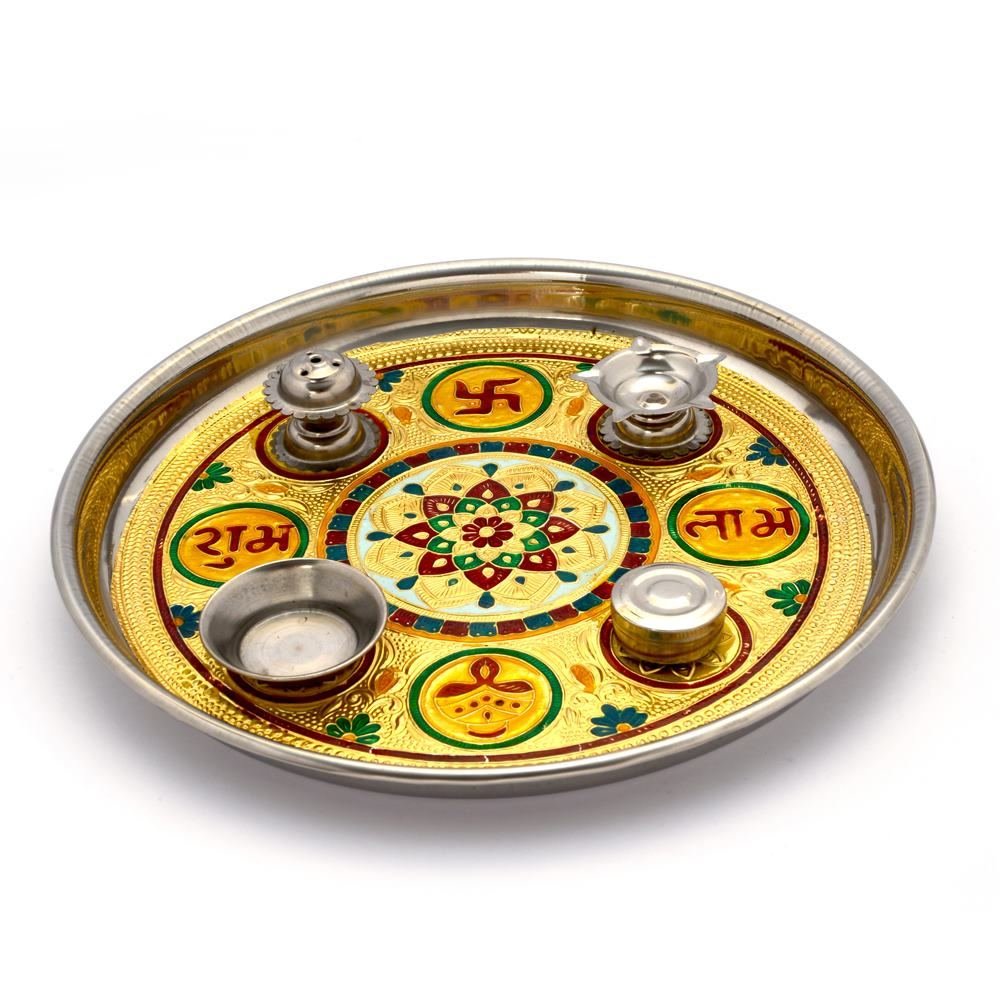 Little India Meenakari Work Shubh Laabh Decorative Pooja Thali (364, Silver) - Image 2 thumbnail
