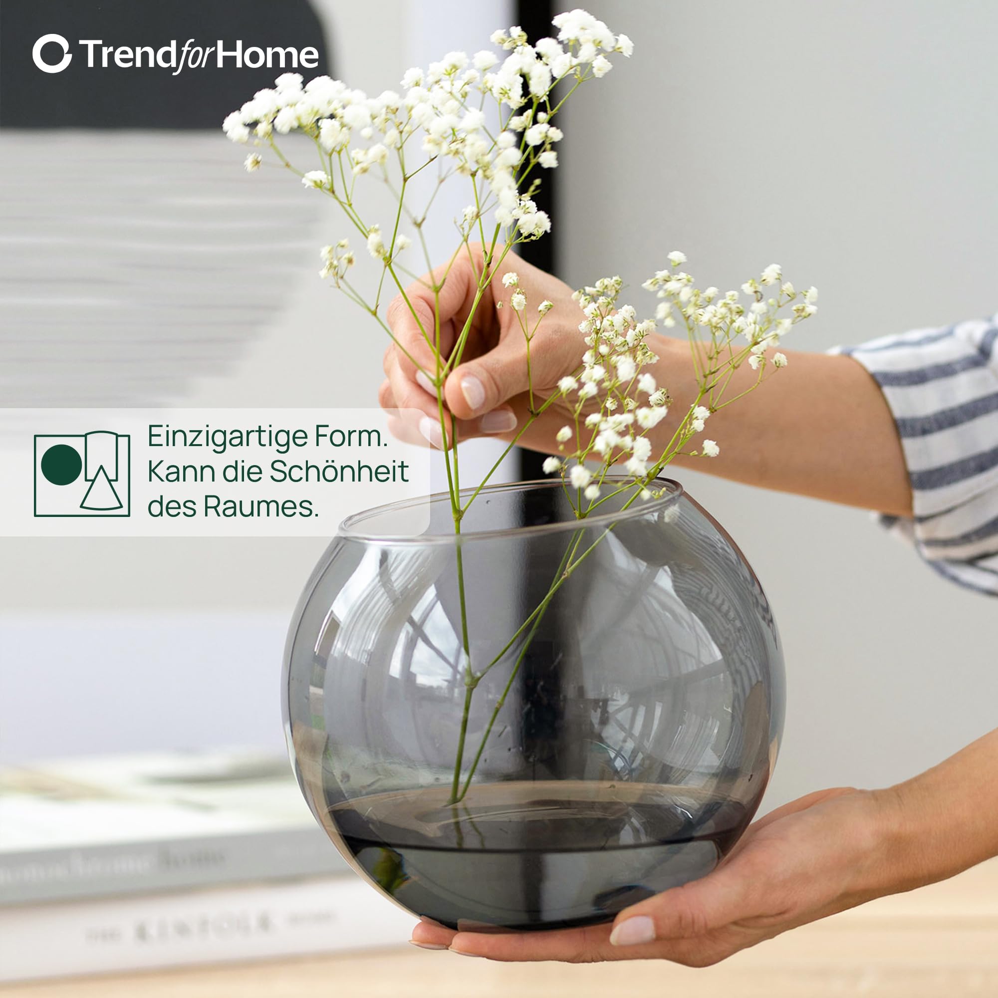 TREND FOR HOME Olivia - Vaso a sfera in vetro, Ø19 cm, altezza 15,5 cm, grigio