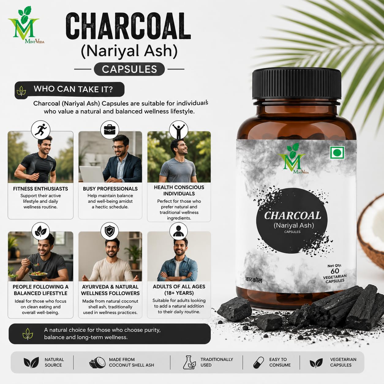 Mint Veda Charcoal Veg Capsules Detox, Bloating Relief, and Teeth Whitening, Gluten-Free, High Absorbency Formula for Men and Women, 60 Veg Capsules 4