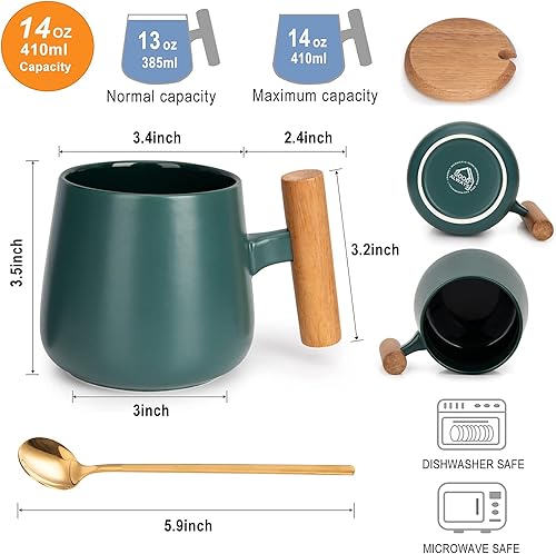 Miniatura 3 de Taza de café de cerámica, taza de té para la oficina o el hogar, tazas de café de 14 onzas con tapa de madera y cuchara de café dorada, regalos de
