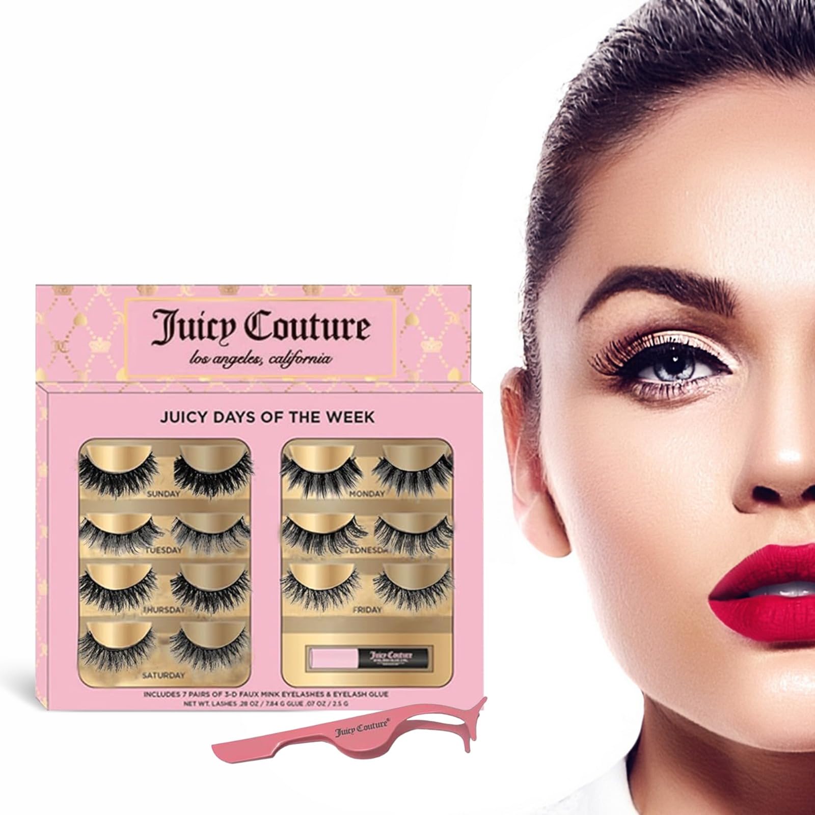 Juicy Couture False Mink Eye Lashes Strips – 3D Wispy Cat Eye Strips with Glue & Applicator – 7 Unique Lash Falsies Every Day for Natural, Fluffy, Dramatic Looks (14 Pairs)