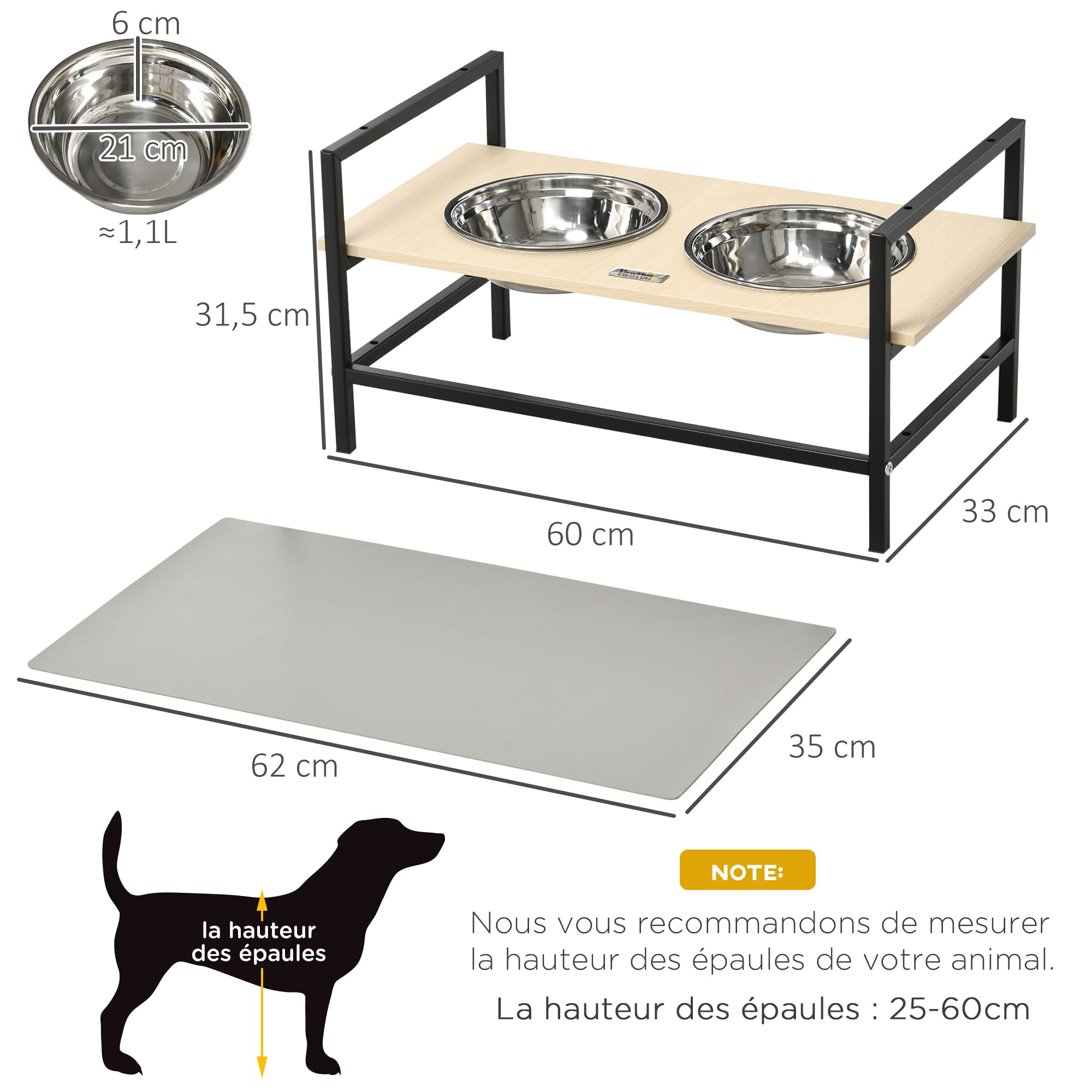 PawHut Gamelle Chien surélevée Double Porte-gamelle avec 2 Bols Amovibles en Acier, Hauteur réglable 11/21,5/32 cm et 1 Tapis | Hauteur Réglable 11/21,5/32 cm, 1 Tapis