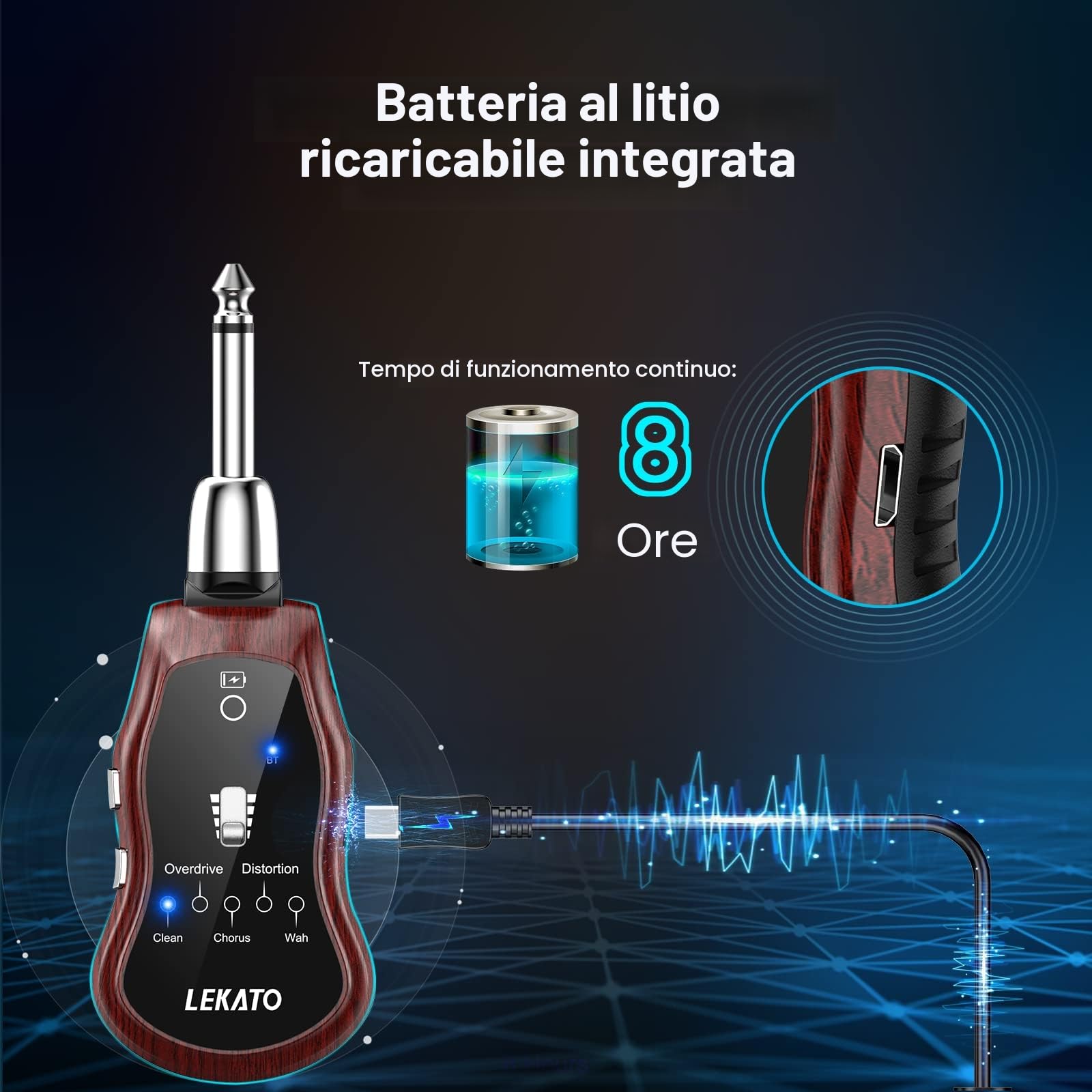 Lekato Mini amplificatore per chitarra ricaricabile Bluetooth con effetti clean chorus overdrive distorsione wah wah