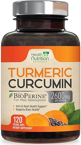Health Nutrition - Curcumina de cúrcuma con bioperina 95% curcuminoides 2600 mg con pimienta negra para una mejor absorción, apoyo inmunológico