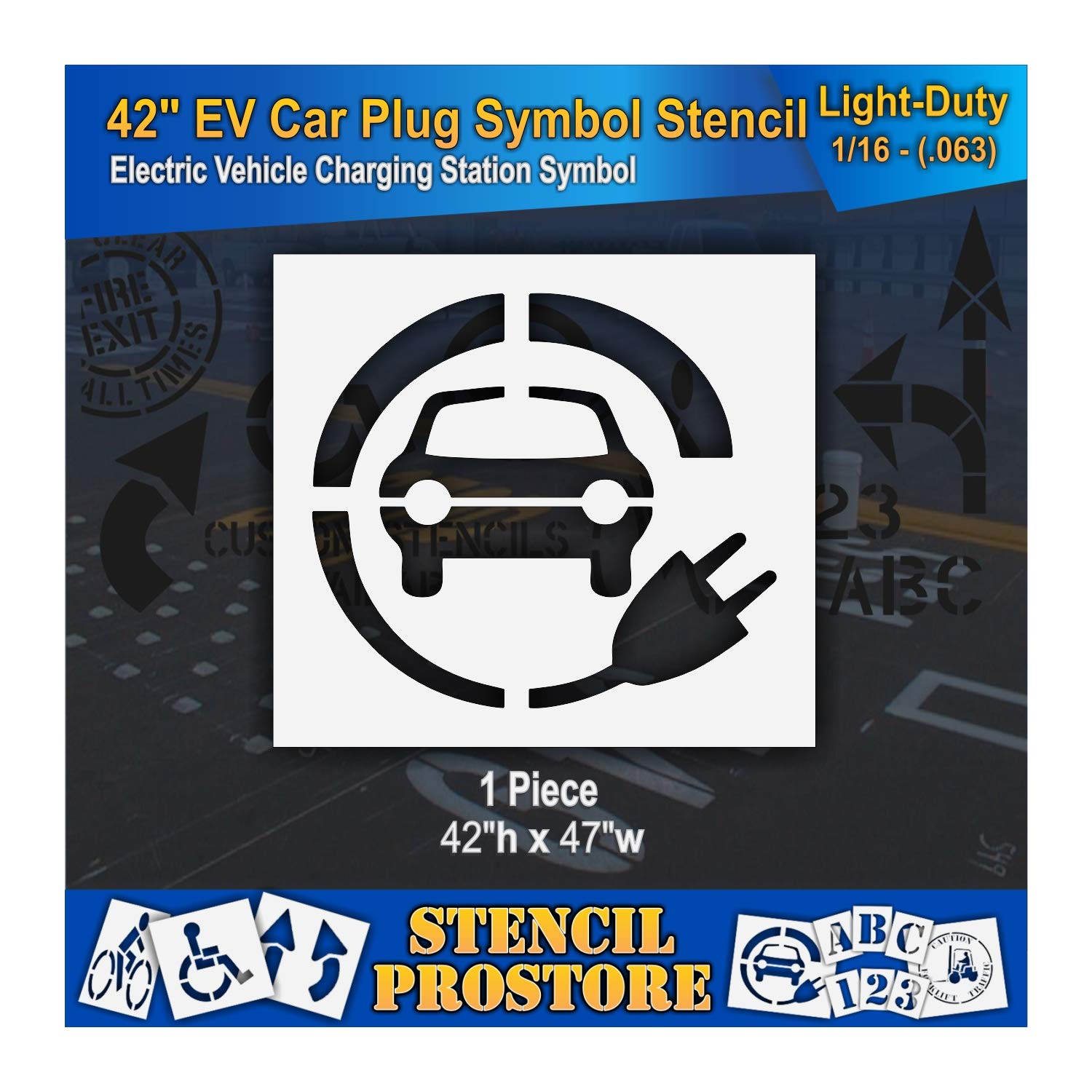 Pavement Stencils - 42 in - Electric Vehicle Symbol Encircled by Plug - 42'' x 47'' x 1/16" (63 mil) - Light-Duty