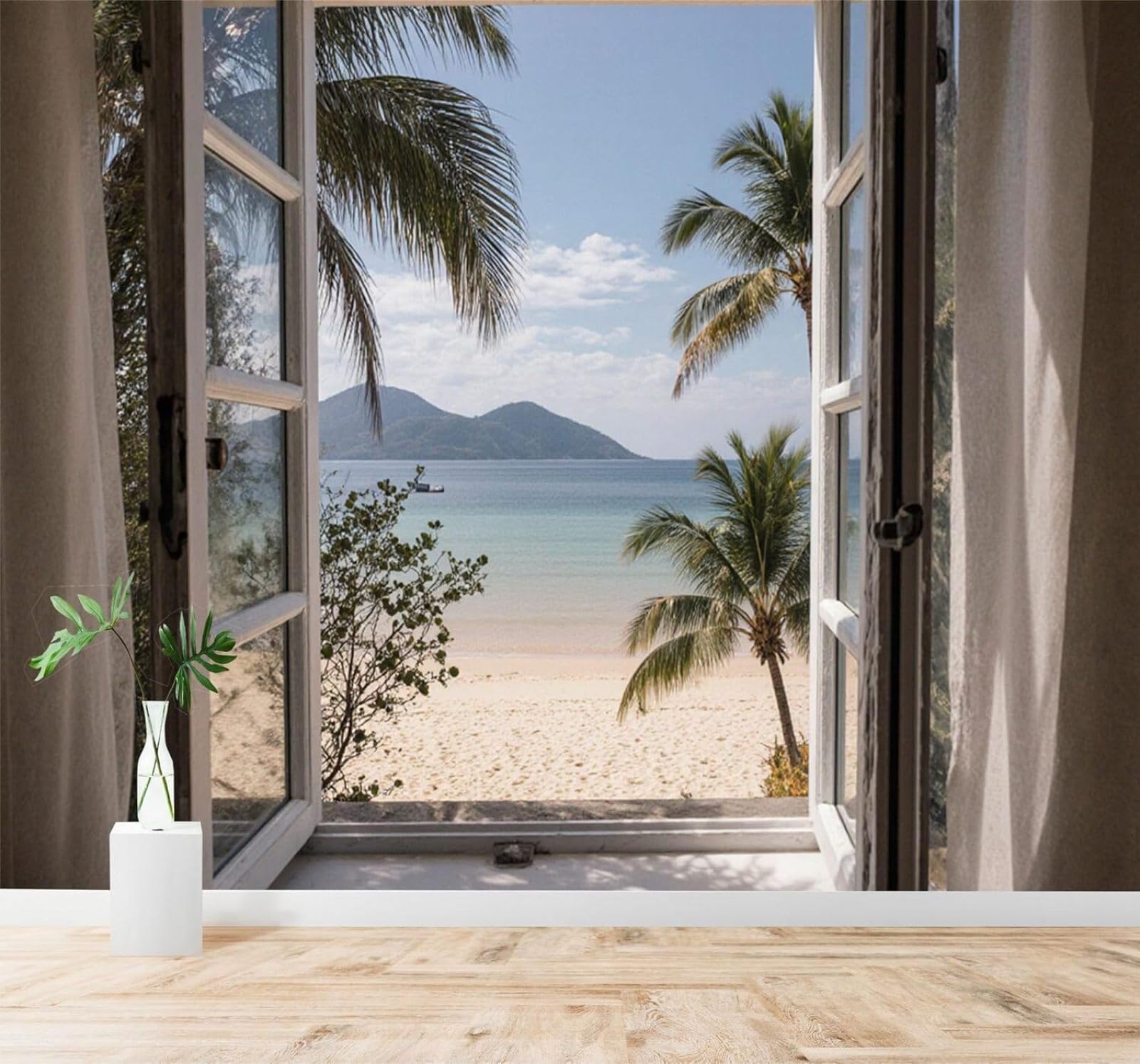 XLMING Outside The Window Tropical Beach Scenery Palm Trees Azure Ocean 3D Wallpaper Premium Textured Silk Study Dining Living Room Bedroom Sofa TV Wall Easy Install-400cm×280cm