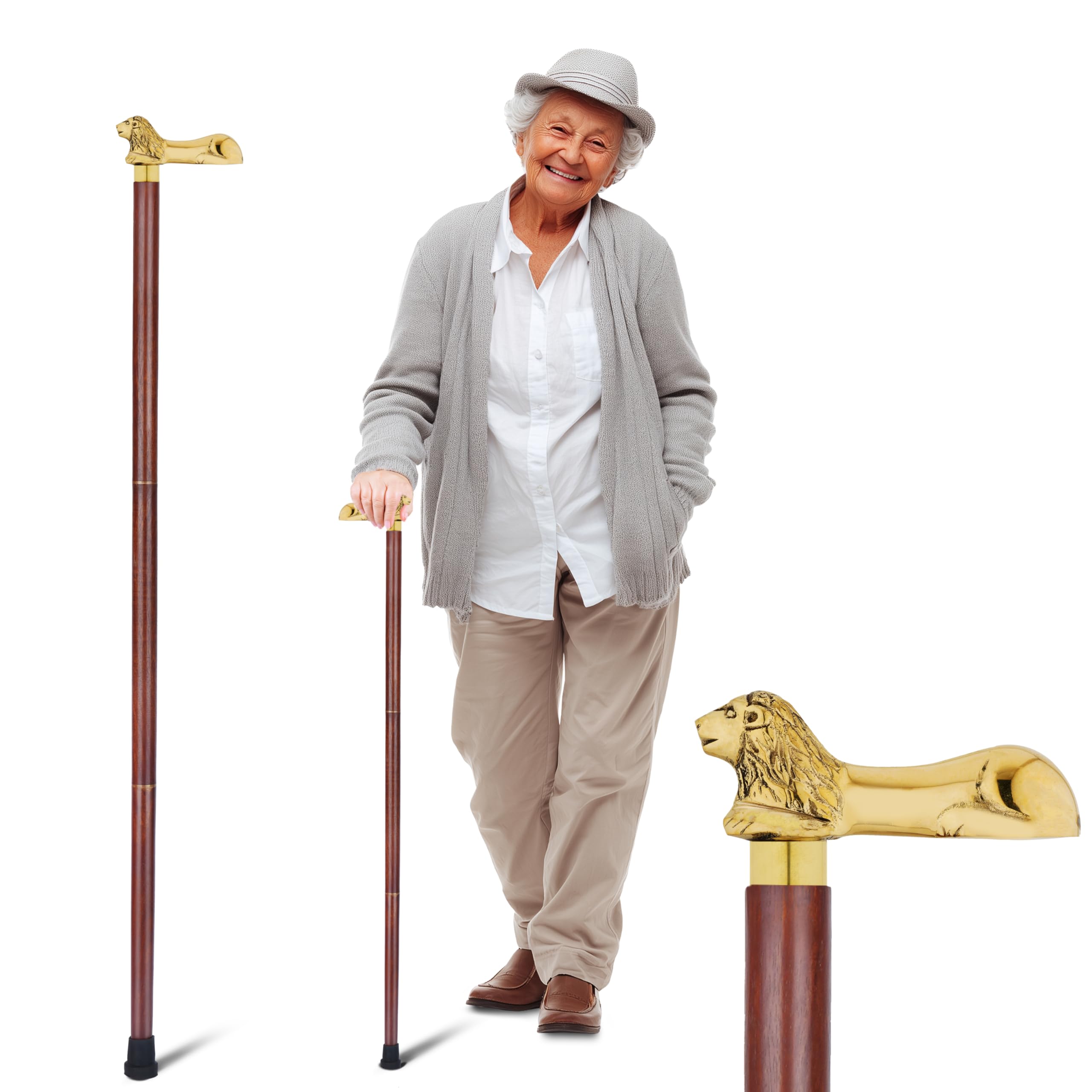 Ajuny Wooden Walking Stick for Men Women Seniors Lightweight Detachable Handmade Cane with Decorative Brass Handle Unique Gift for Adults