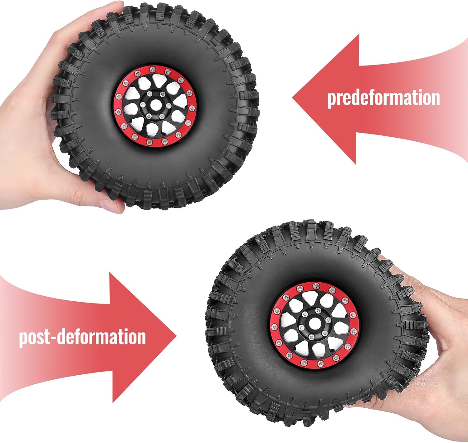 4pcs FriHobby High-Performance 1.9 Inch Beadlock Wheels and Tires Set Soft Good Grip for 1/10 Scale RC Crawler Cars Trucks Compatible with Traxxas TRX4 Axial SCX10 Redcat Gen 8 (Red Rims)