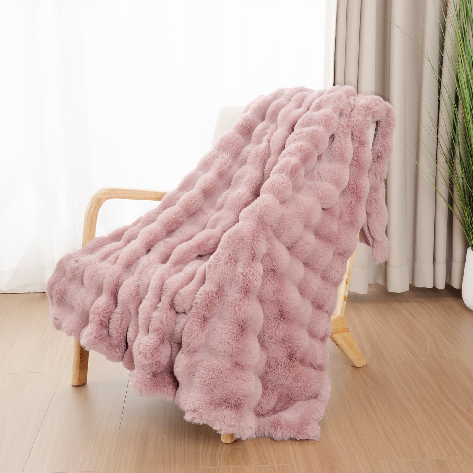 Enyhom Bubble Decke 152x203 cm Rosa, Kaninchen Fellimitat Flauschig Weiche Warme Kuscheldecke, Sofadecke für Sofa Couch Bett Haustier Schlafzimmer Wohnzimmer Deko