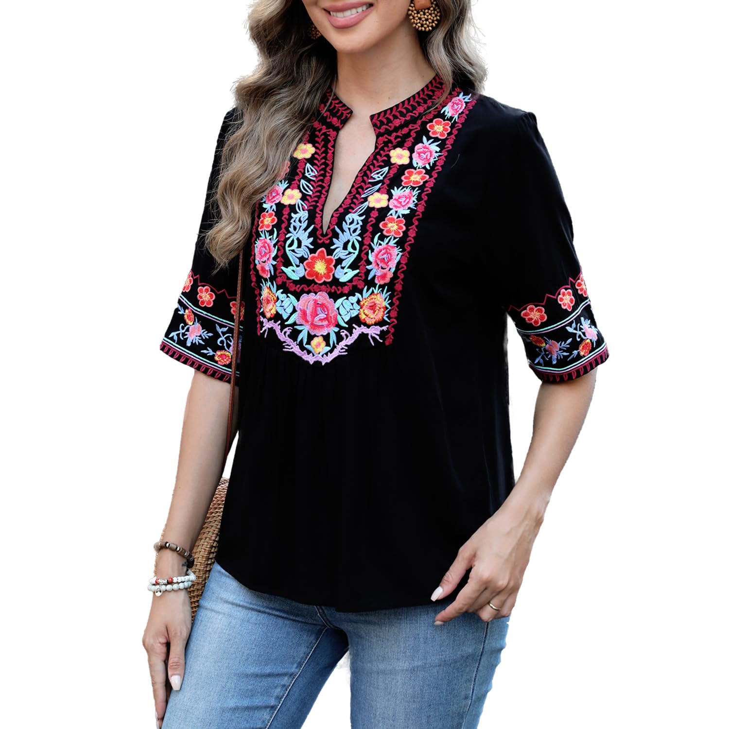 Seasonal Ukraine Bluse Sommer Damen Tunika Bohemian Stickerei Folklore Tops Boho Hippie Kurzarm Lose Oberteil