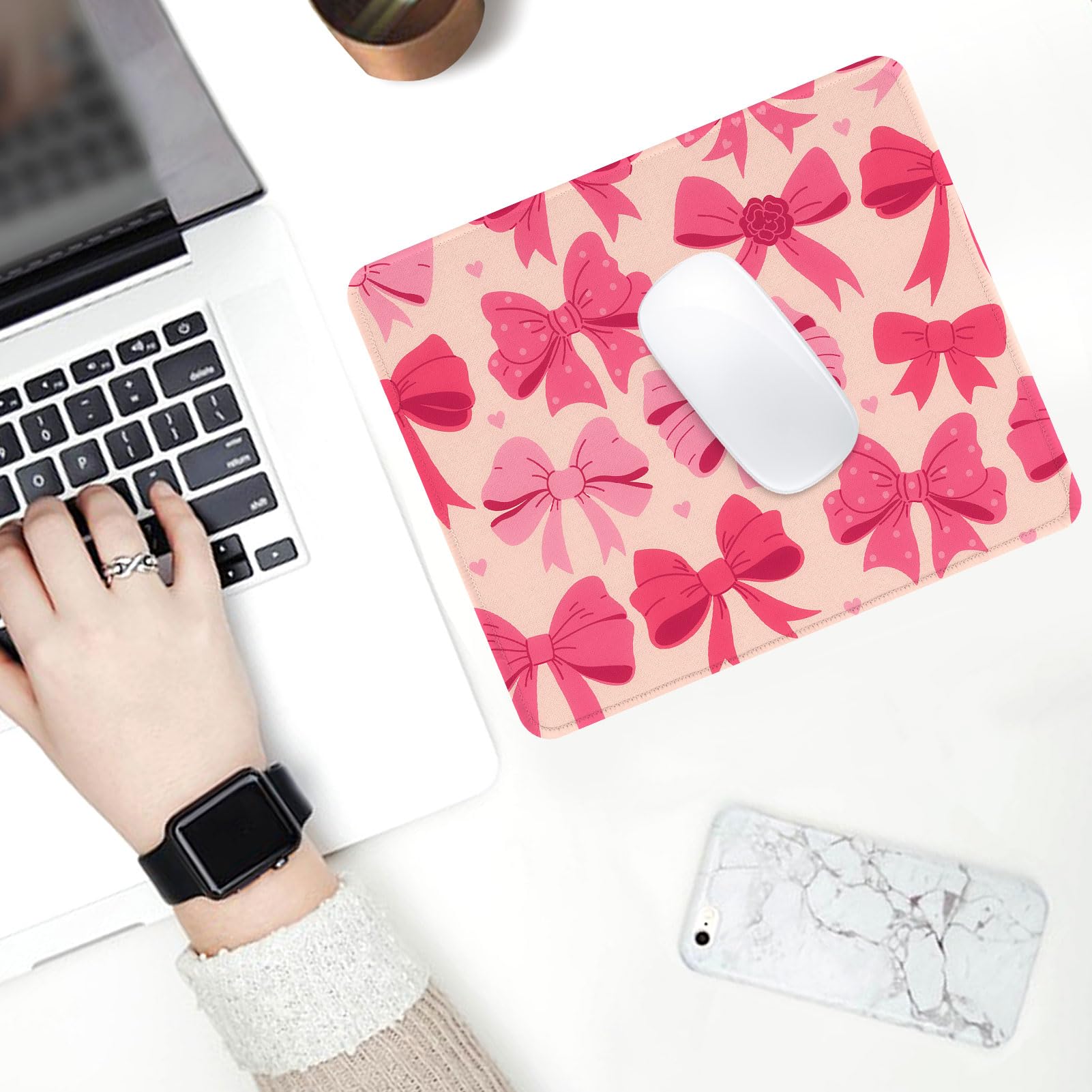 Seorsok Square Aesthetic Ribbon Bows& Love Mat,Premium Textured  Pads For Office Laptop,washable Square Pads With Extended Stitched Edges Non Slip Rubber Base,white,white P 289219140 - View #9