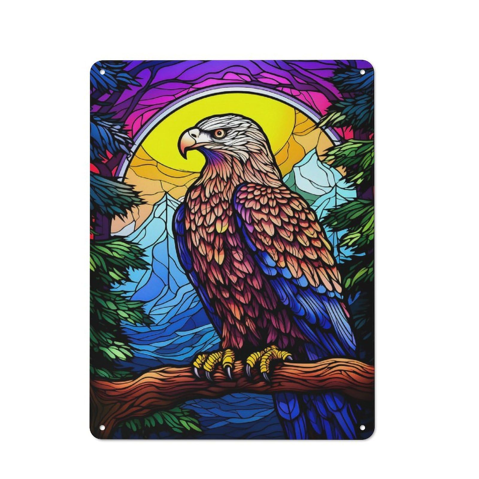 Junmoney Eagle Colorful Stained Gla Vintage Metal Wall Art Sign 40X30cm Featuring Old Style Wall Plaque For Kitchen, Hallway, Bar Or Small Cafe