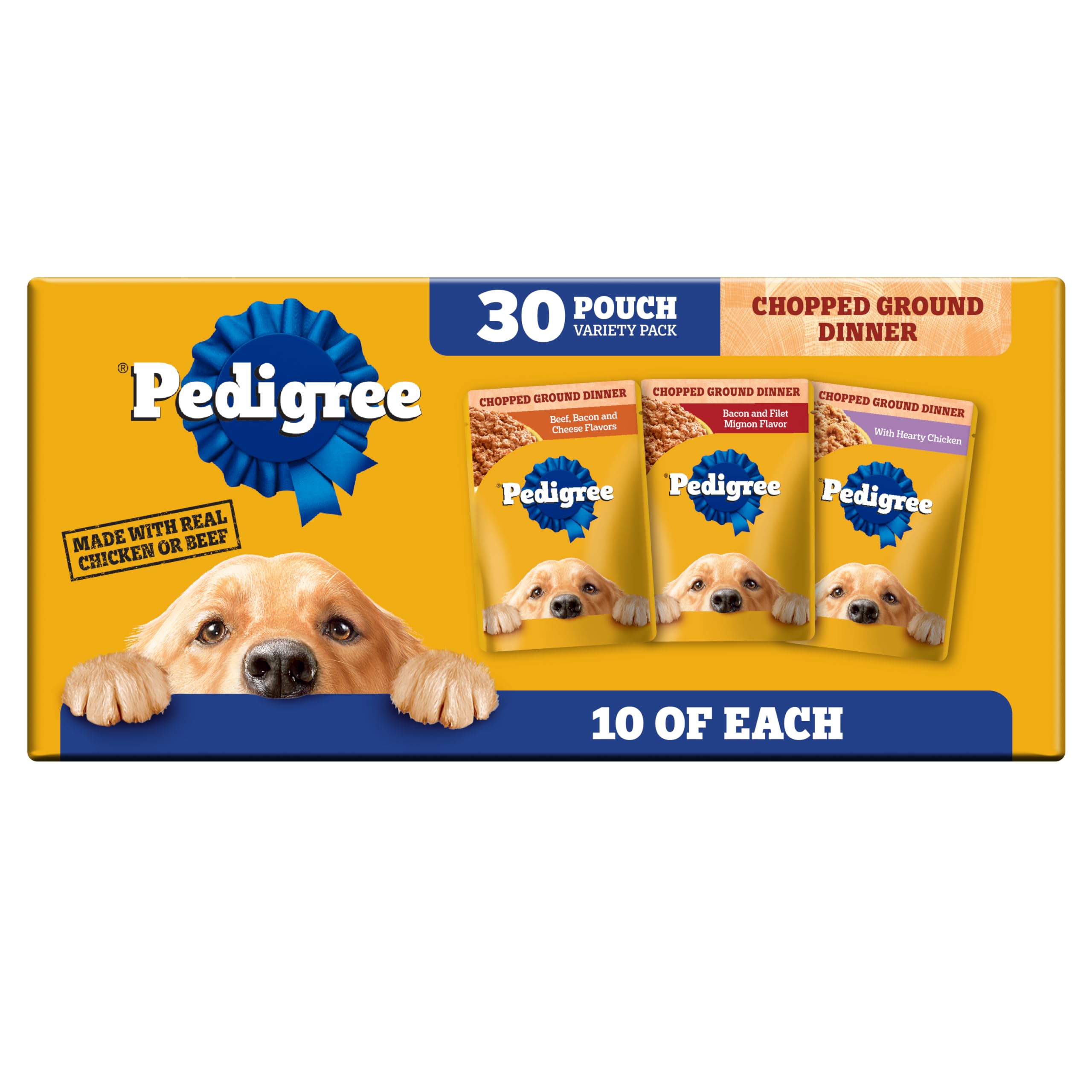 Pedigree Chopped Ground Dinner Wet Dog Food Beef & Bacon Variety Pack, (30) 3.5 oz. Pouches