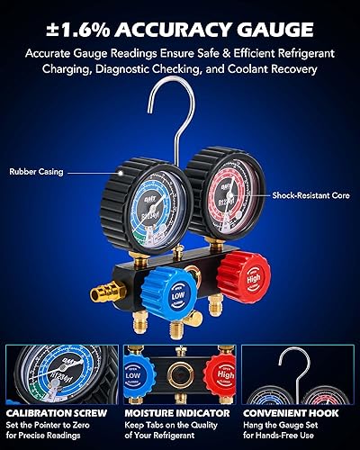 Miniatura 16 de Orion Motor Tech Juego de bomba de vacío y manómetro de CA, kit de manómetro de bomba de vacío de 1/3 hp 4.5 cfm con detector de fugas, 4 mangueras